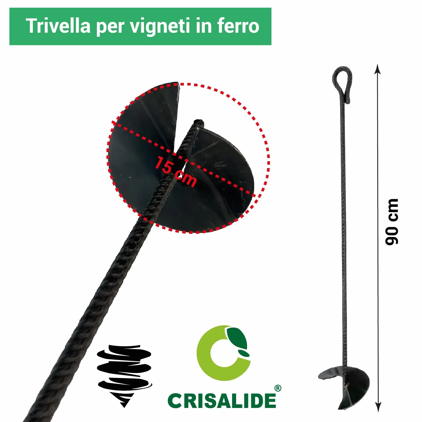 Crisalide® – Trivella in Ferro per Vigneti e Ancoraggi Tirafili | Lunghezza 90 cm | Pala Ø 15 cm | Ideale per Terreni Agricoli, Orti e Giardinaggio