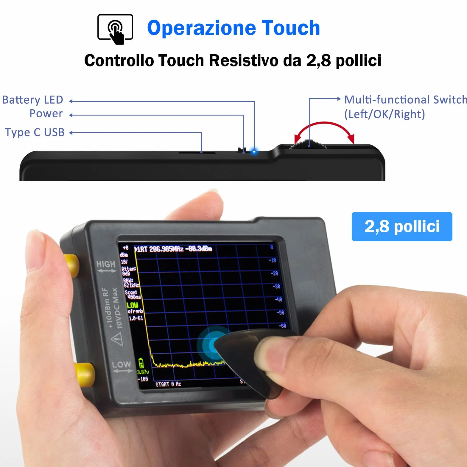 Analizzatore di spettro portatile AURSINC V0.3.1, 100 kHz-960 MHz, FM/MF/HF/VHF/UHF, touchscreen 2,8 pollici, protezione ESD