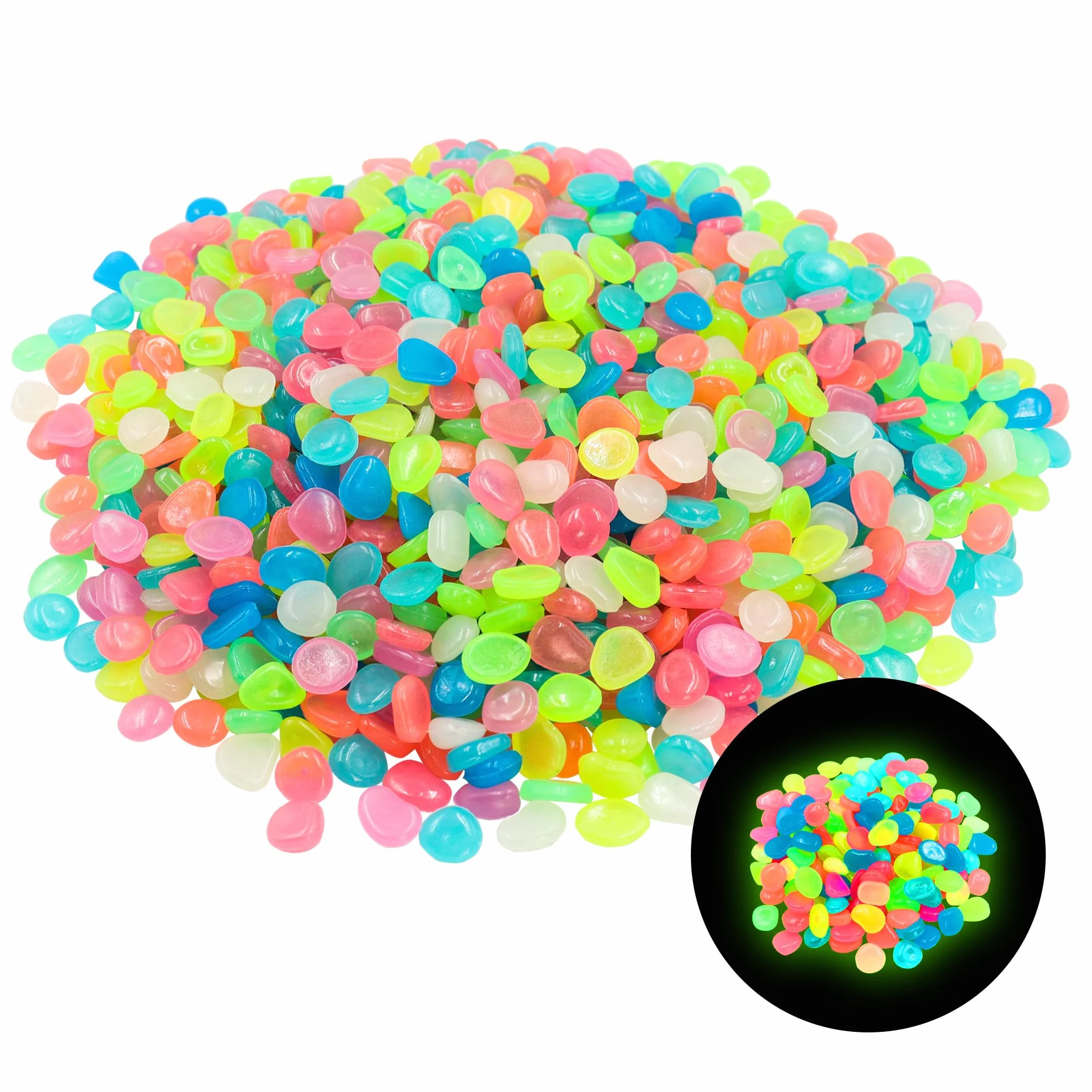 Yitexin 1000 Pezzi Pescheria Ciottoli Luminosi, Mini Decorativo Pietre da Giardino, Colorati Ciottoli Fosforescenti da Esterno Roccia per Acquario Paesaggio Passeggiata (Colori multipli)
