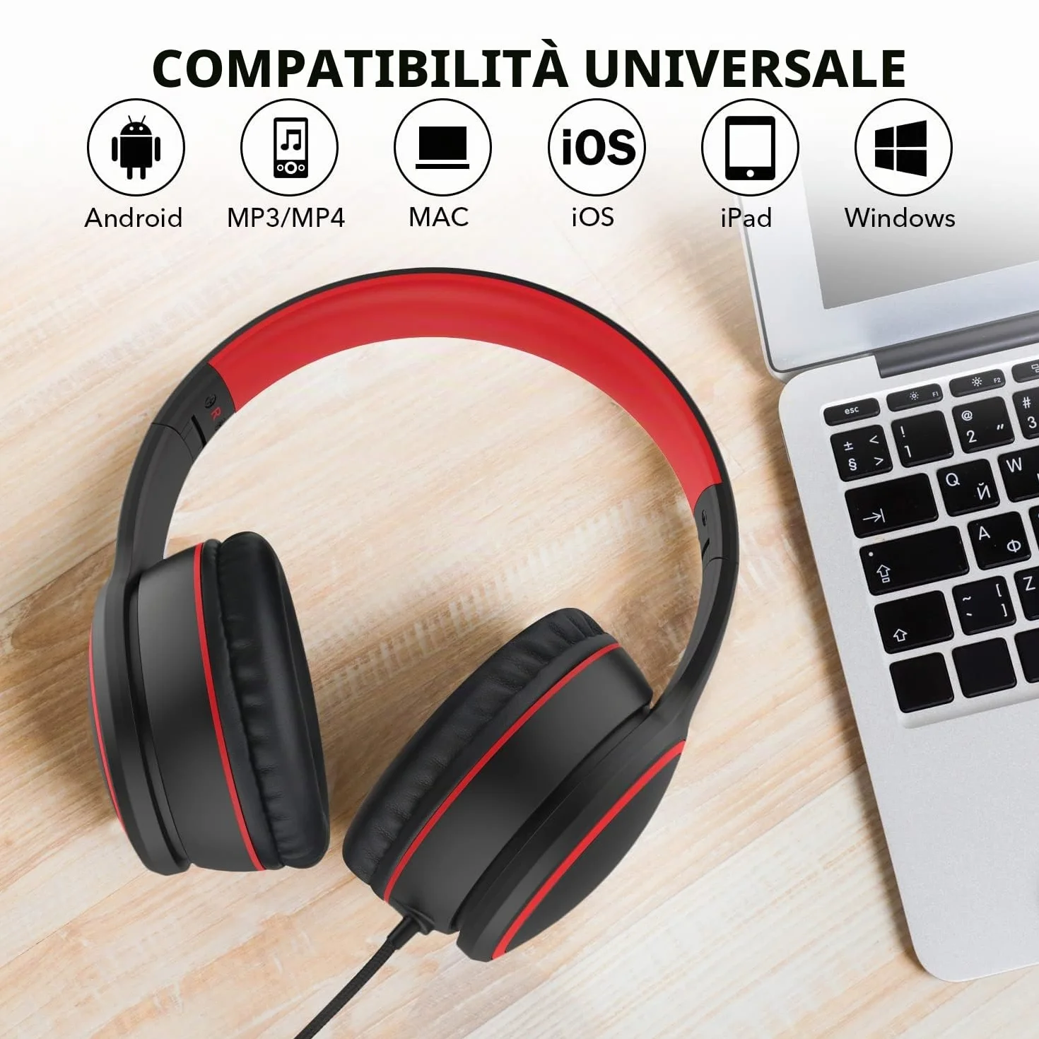 R10 Cuffie Auricolari con Microfono Stereo Piegevoli, Cavo Antigroviglio 1.5m, Nero
