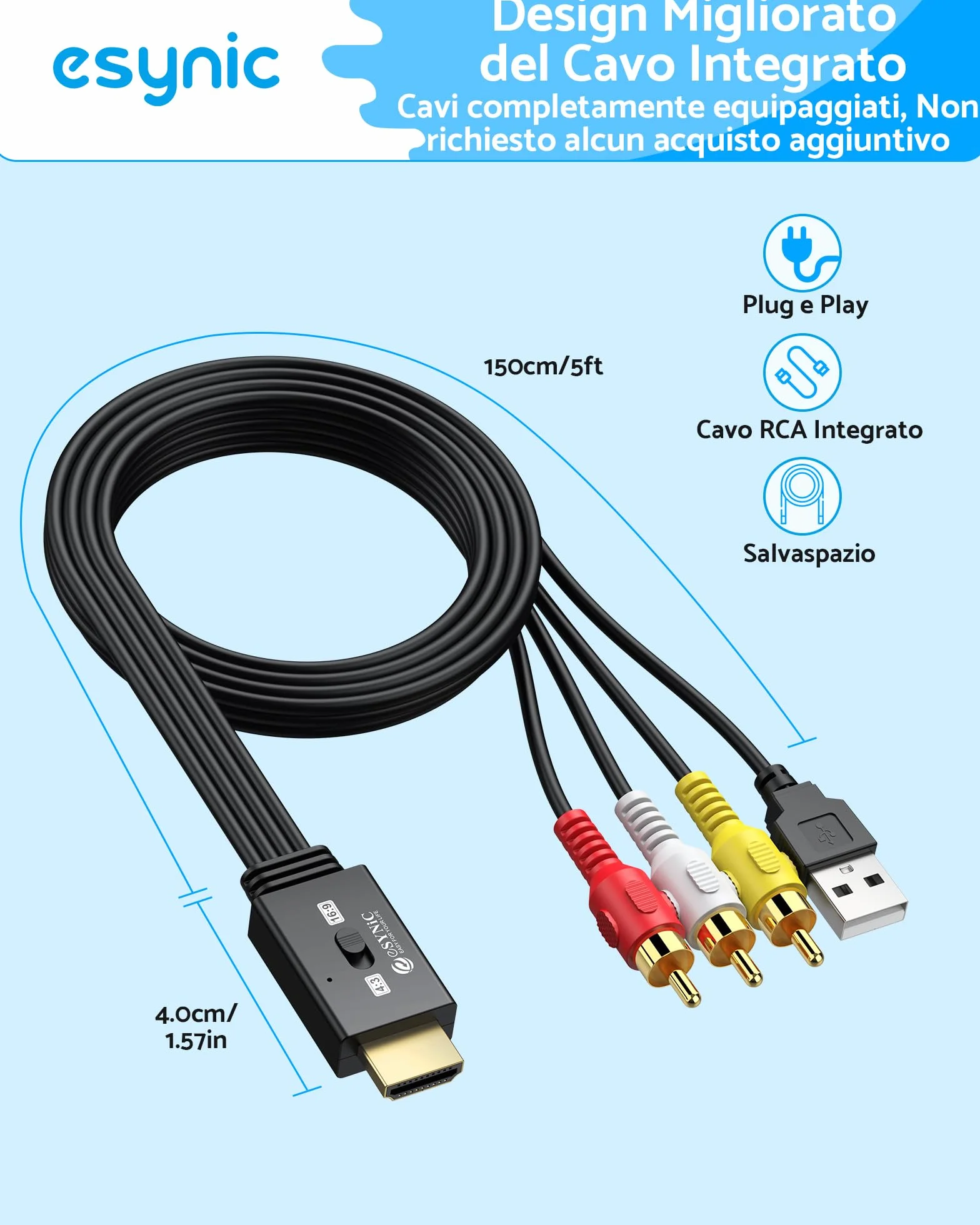 eSynic 1080P Convertitore RCA Maschio a HDMI Maschio con Cavi Integrati 150cm, Adattatore Audio Video CVBS a HDMI, Supporta 3D, per VCR VHS DVD