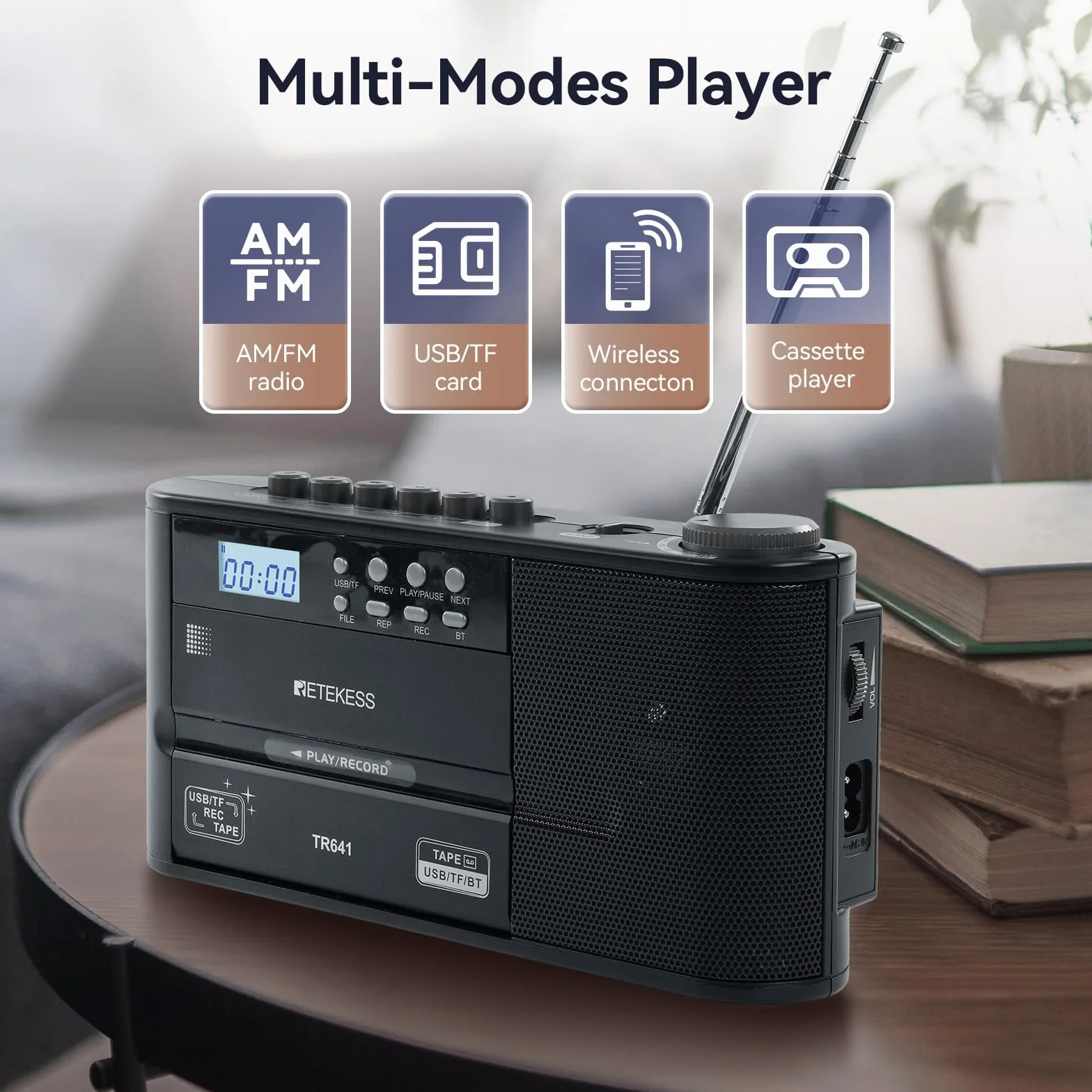 Retekess TR641 Lettore di Cassette Radio Portatile FM AM USB TF Wireless