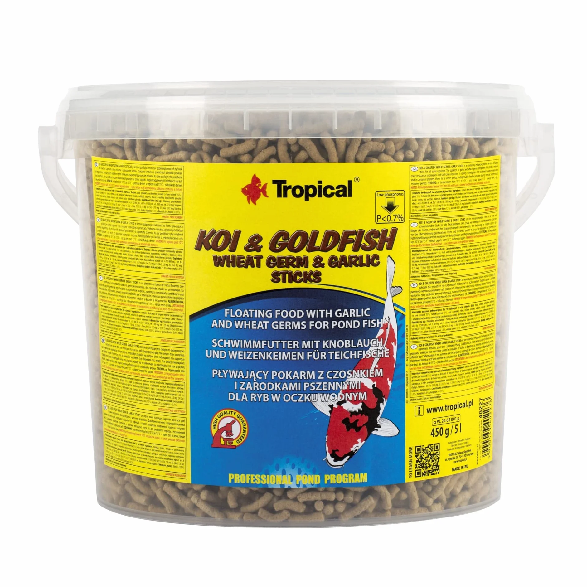 KOI&GOLDFISH WHEAT GERM&GARLIC STICKS 5L / 430g - è un alimento rinforzante sotto forma di bastoncini galleggianti per tutte le carpe allevate in stagno
