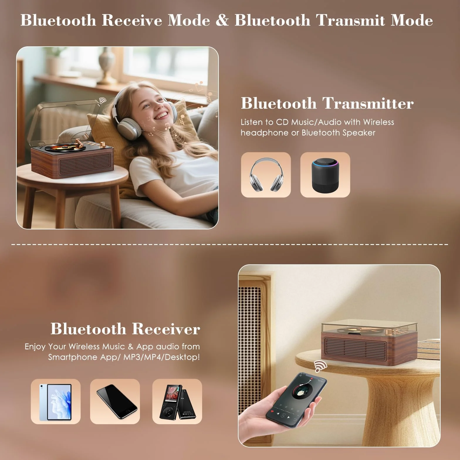Kegaudio Lettore CD Portable Bluetooth con Altoparlante Radio Telecomando USB/AUX Noce