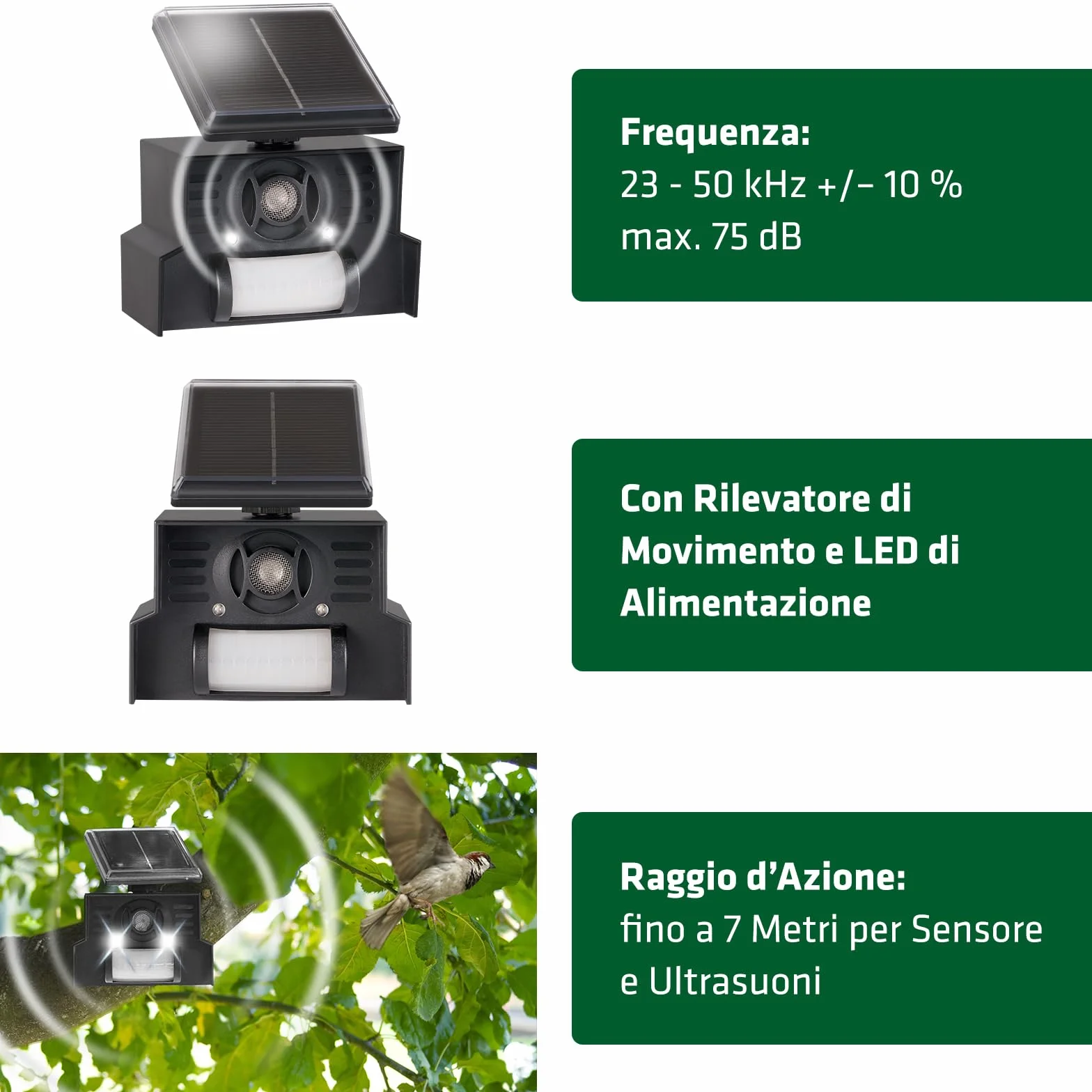 GARDIGO® Dissuasore per Piccioni | Ultrasuoni per Piccioni | Spaventa Uccelli con Pannello Solare | Deterrente Uccelli con Luce Flash a LED | 23-50 kHz | Copertura 110°/7 m | Antipiccioni