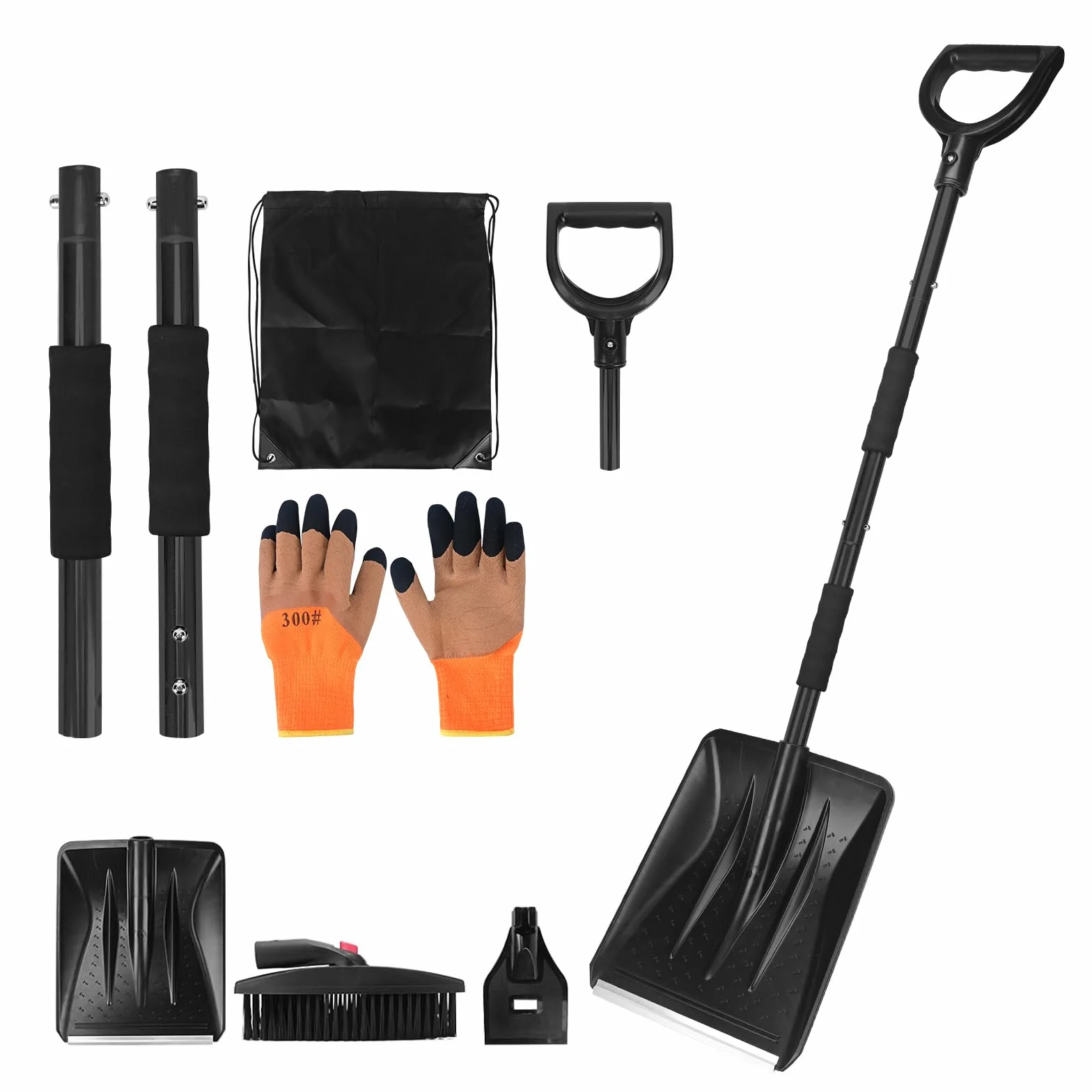 Set da neve 3-in-1, pala da neve retrattile con raschietto per ghiaccio e spazzola per neve per ghiaccio, neve, auto, vialetto, granulometria con sacca di stoccaggio e guanti (nero)