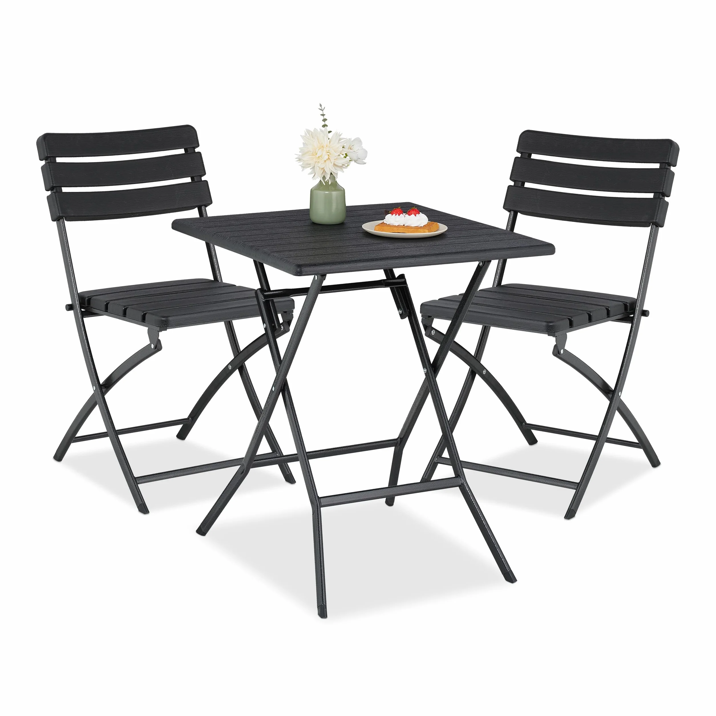 Relaxdays Tavolo da Esterno e Sedie, Set da 3 Mobili Pieghevoli e Salvaspazio da Balcone, Design Aspetto Legno, Nero