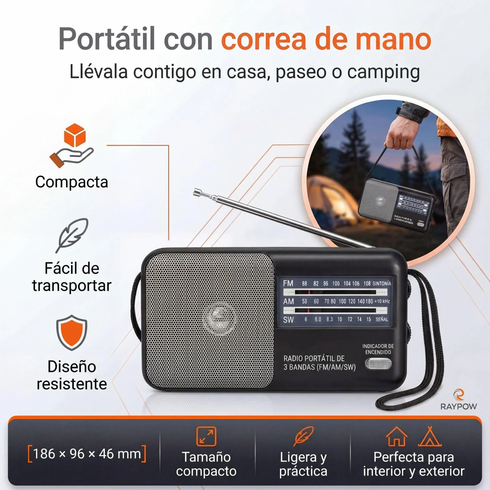 Radio portatile FM AM SW8~SW18 3 bande transistor, altoparlante potente, funziona con 2 batterie AA