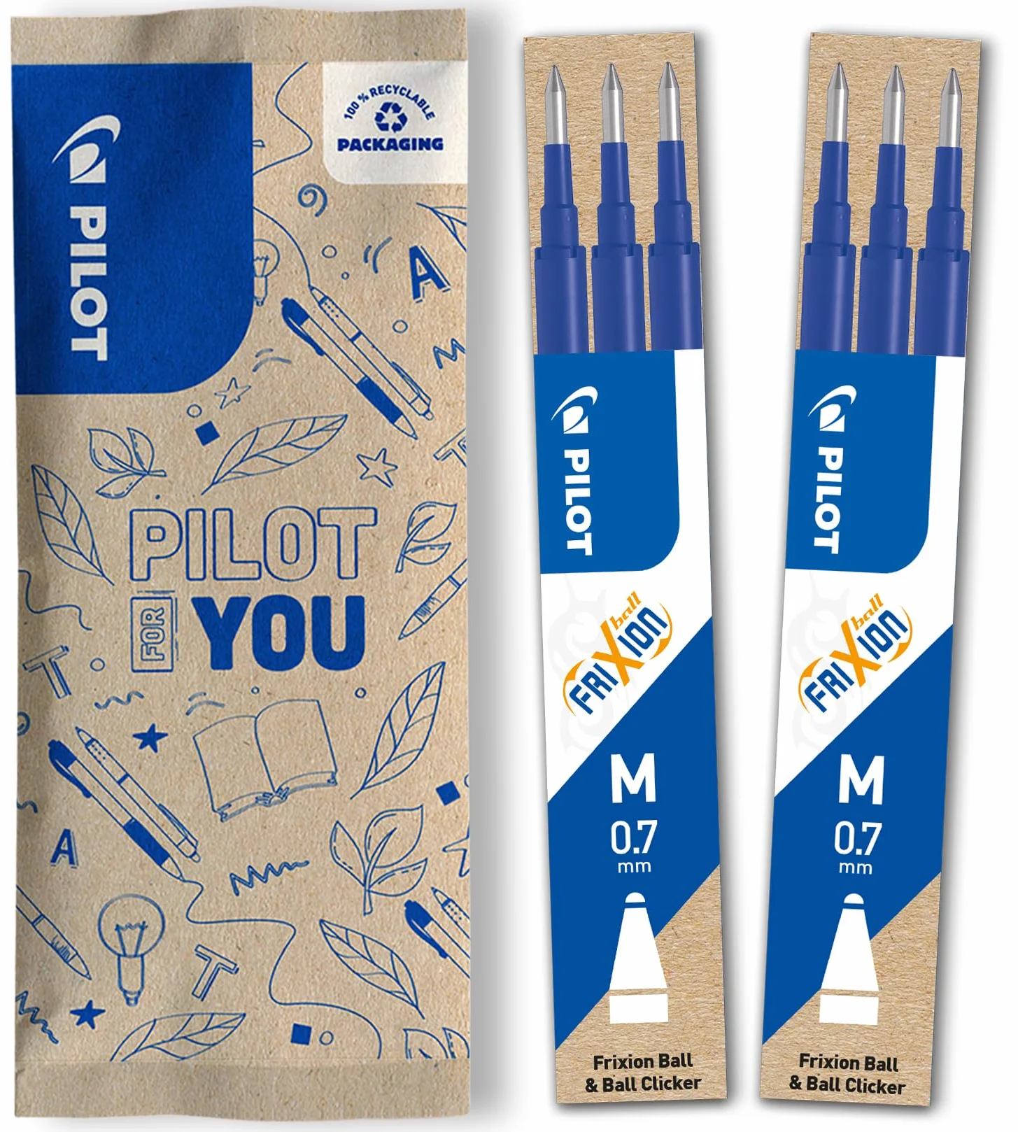 PILOT 2 Set di 3 Ricariche FriXion per Penne Cancellabili - Blu Punta Media (6 Ricariche)