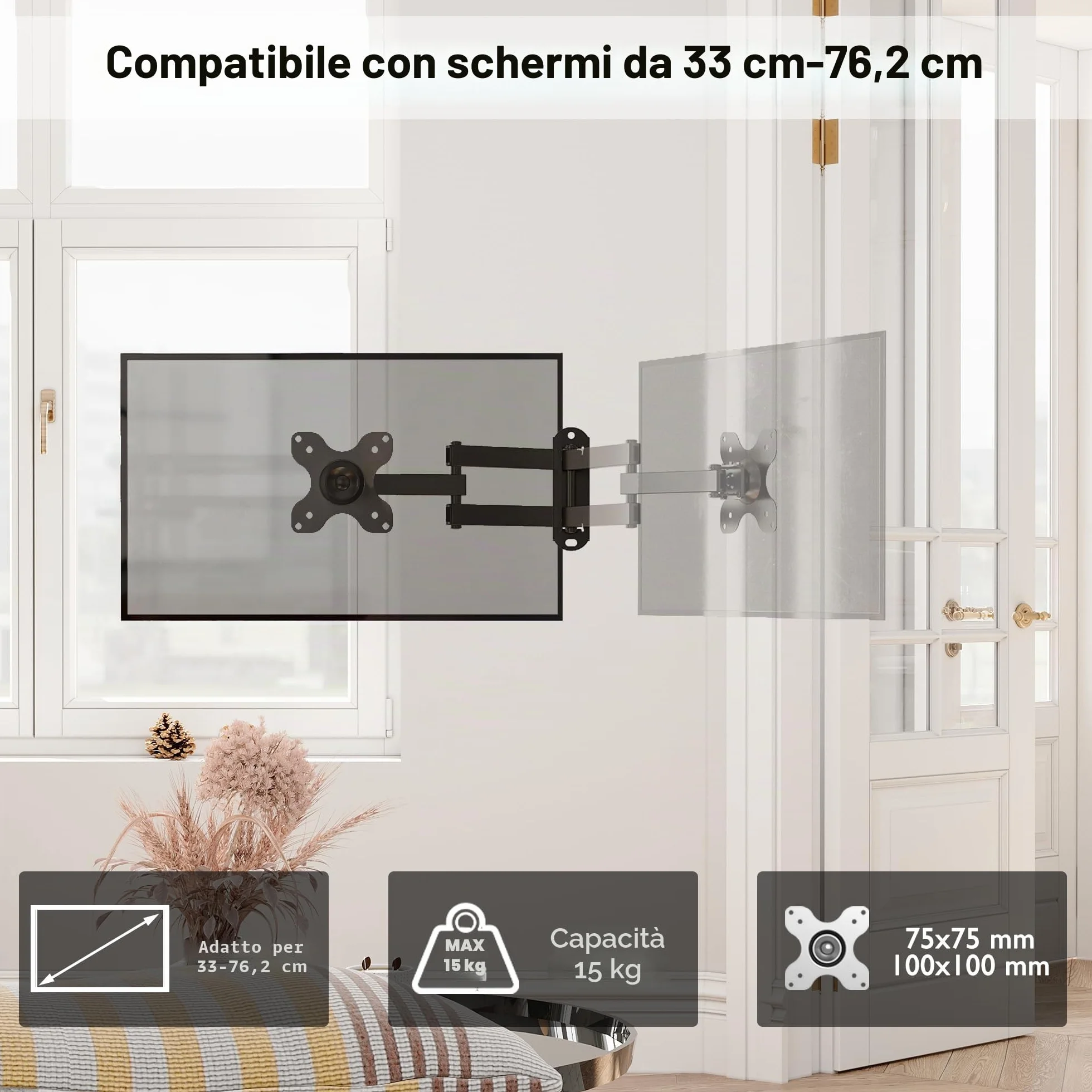 BONTEC Supporto da Parete TV/PC 13-30 pollici, Staffa TV Universale con Braccio Girevole, Portata 15 kg, VESA 75/100mm