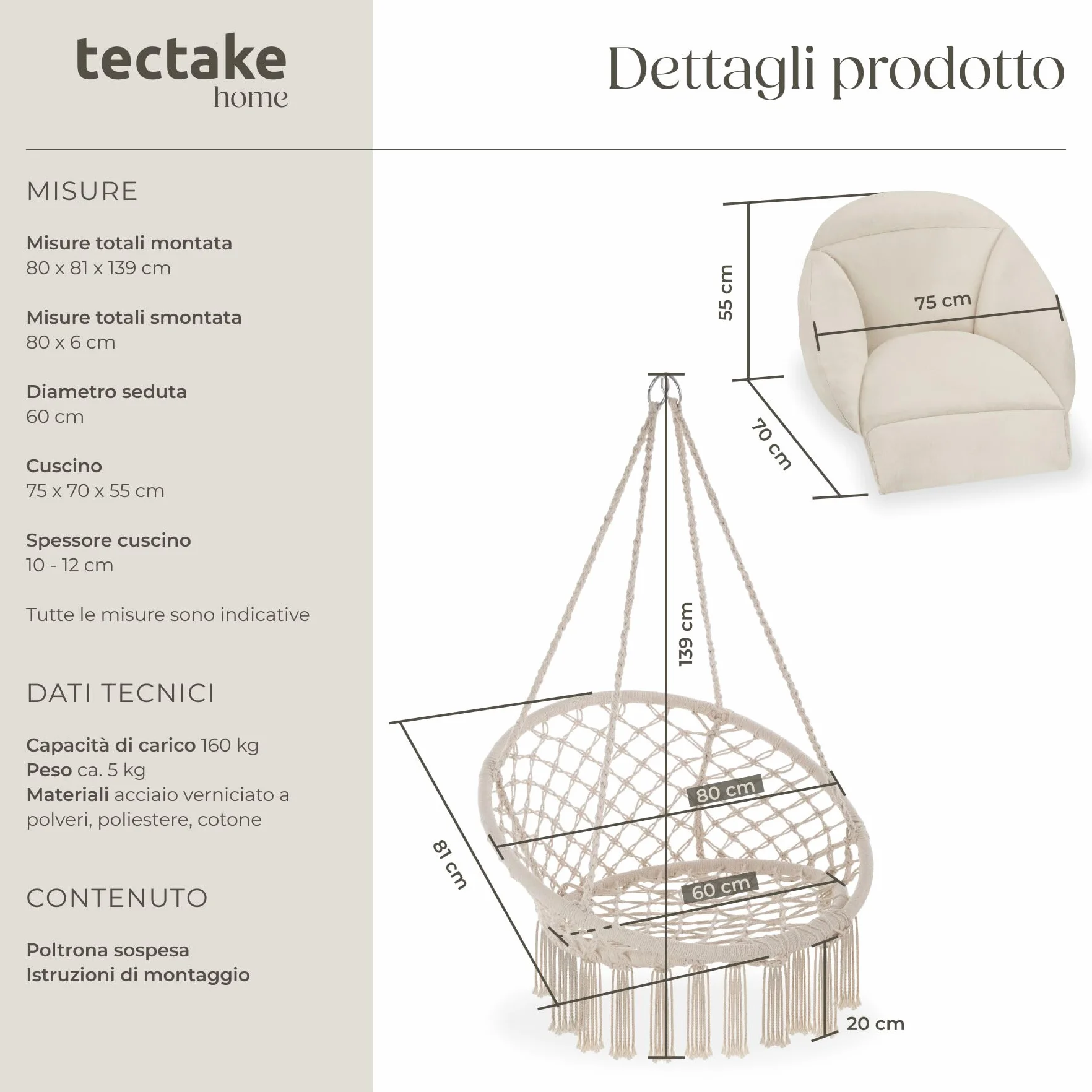 tectake Poltrona sospesa Samira Sedia a Dondolo Sospesa Beige Interno Esterno