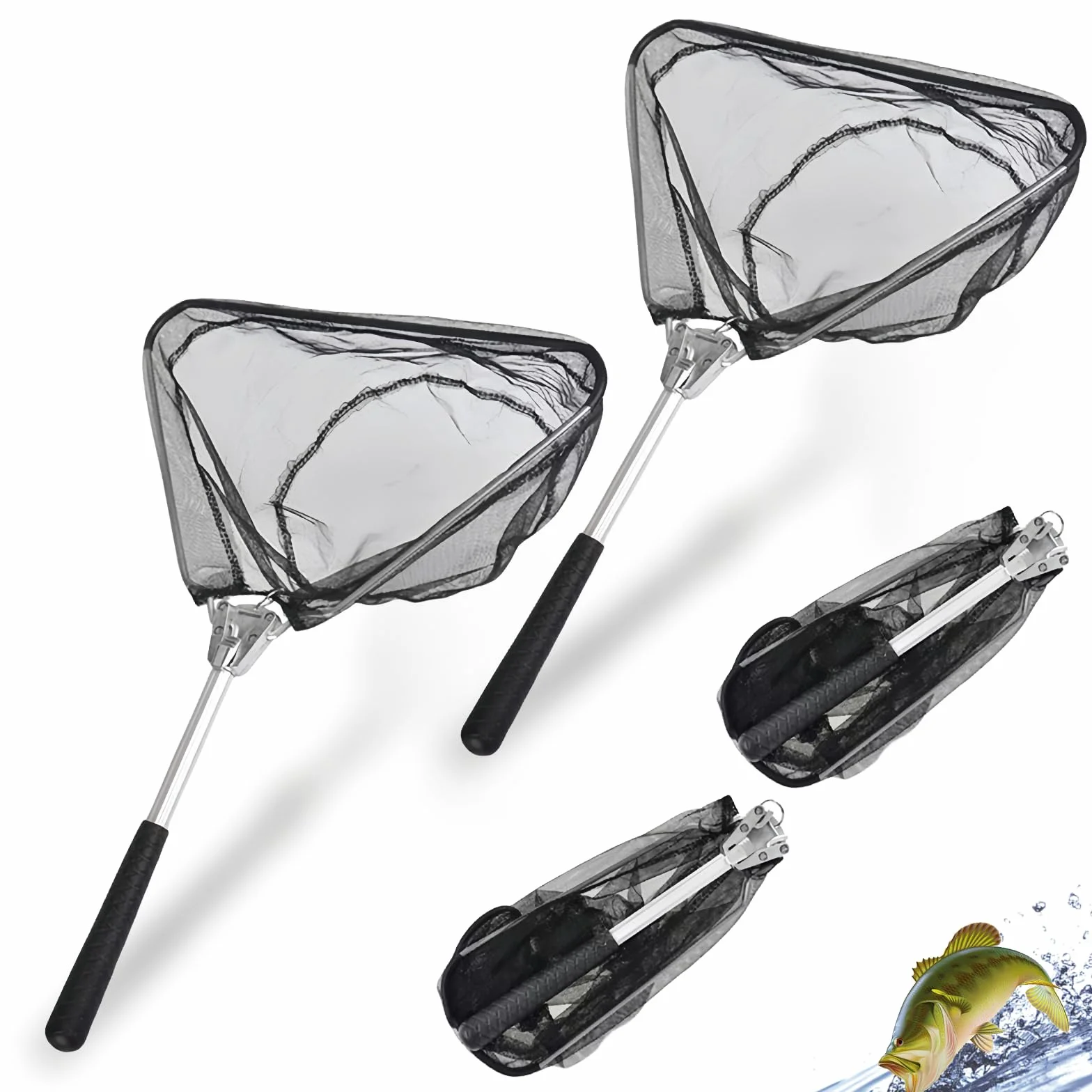 Set di 2 retini telescopici Pieghevoli con Manico Lungo, retino da Pesca in Alluminio per Pesca, Stagno, Piscina, Giardino, Spiaggia, Compatto e Resistente