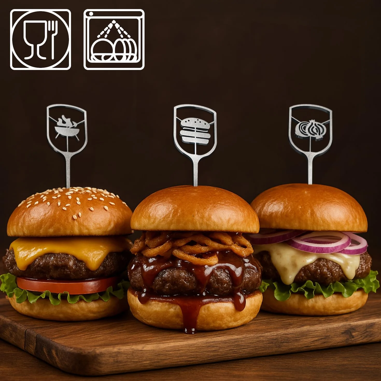 com-four® 6 spiedini burger acciaio inox 16 cm, punte metalliche con impugnatura ampia aperta, accessorio cucina, barbecue per servizio elegante (6x - aperto - 16 cm)