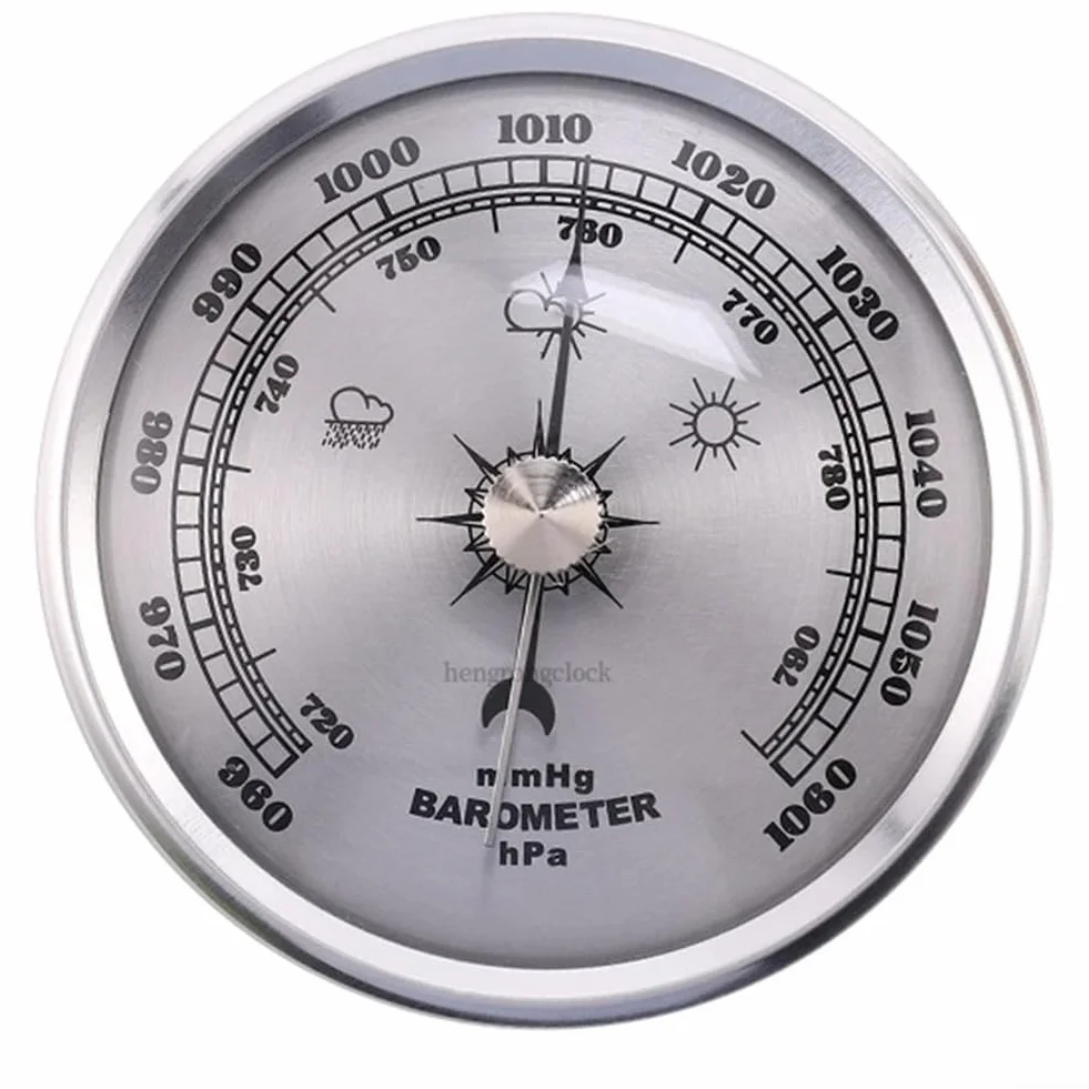 Barometro con telaio in metallo con funzione orologio meccanico per misurazione della pressione interna domestica e monitoraggio meteo (argento)