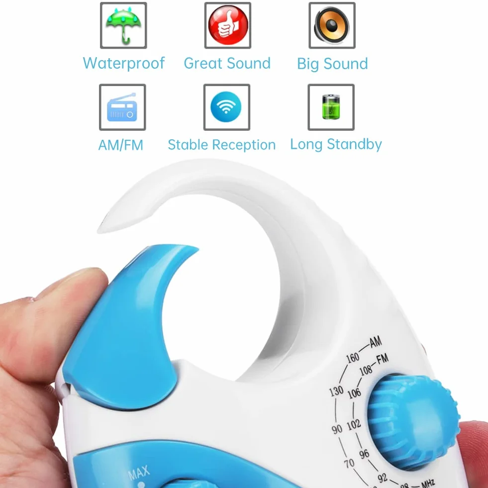 Yunseity Radio impermeabile AM FM portatile con gancio e batteria per doccia bagno