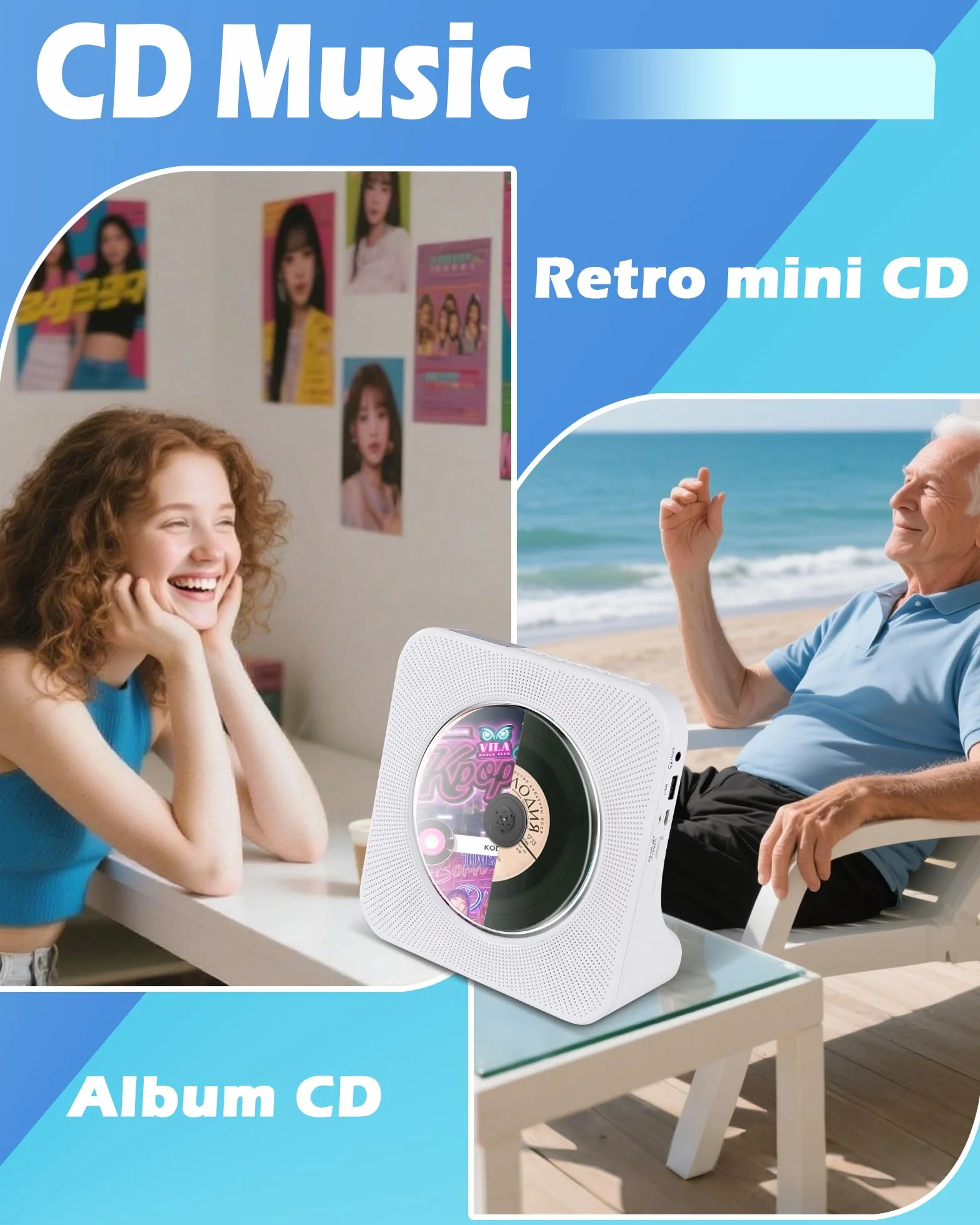 Lettore CD Portatile Ricaricabile 4000 mAh Bluetooth Doppio Altoparlante HIFI Bianco