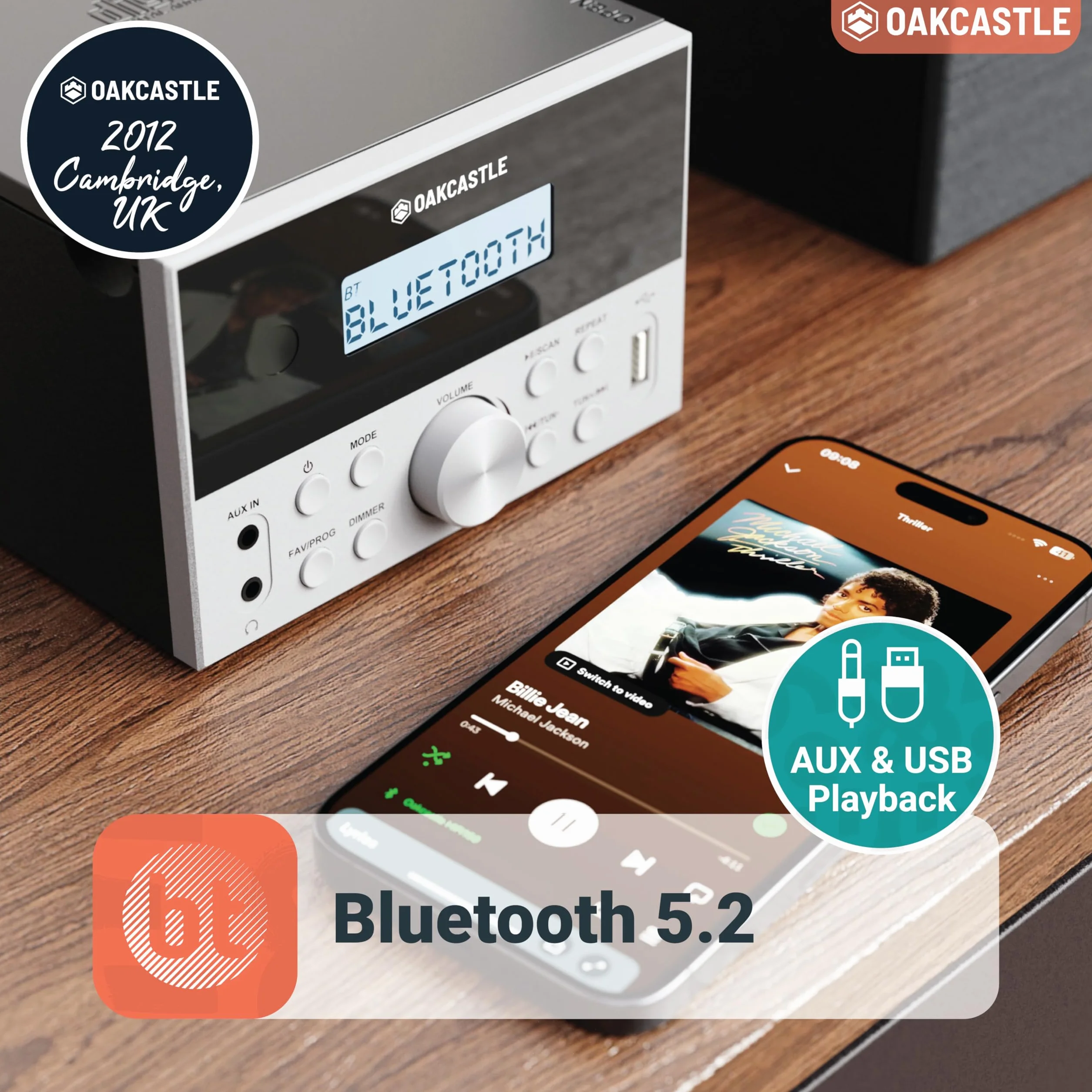 OAKCASTLE HIFI150 Stereo Bluetooth 5.2 HiFi System 20W CD Player FM Radio Wooden Compact