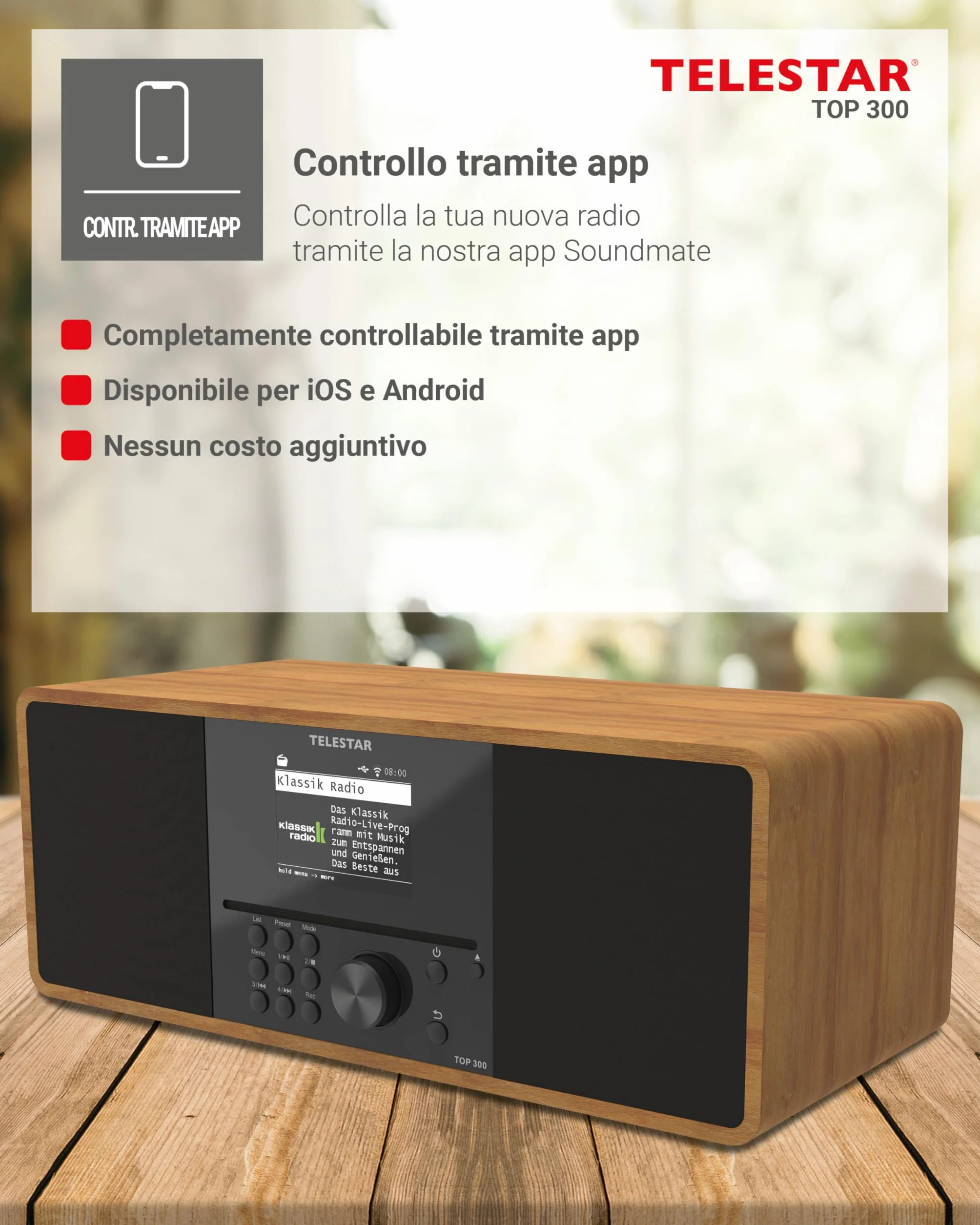 TELESTAR TOP 300 Radio DAB+/Internet con lettore CD stereo 2x15W Bluetooth Audio-Streaming Legno