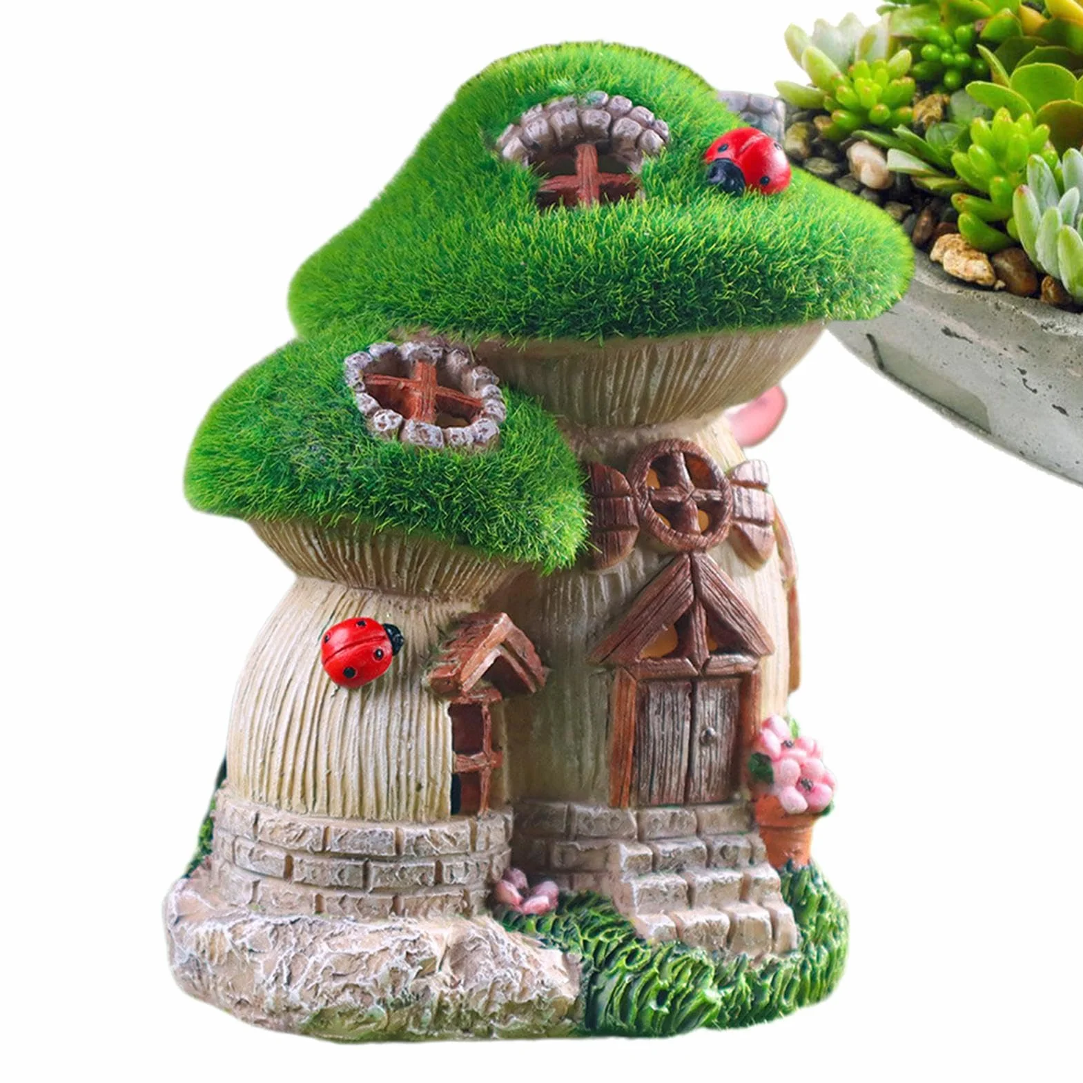 Casa delle fate a energia solare, casetta incantata in resina, statua da giardino, 13,5 x 11,3 x 16,5 cm, decorazione da giardino fantasia, luce a LED, decorazione per esterni resistente alle