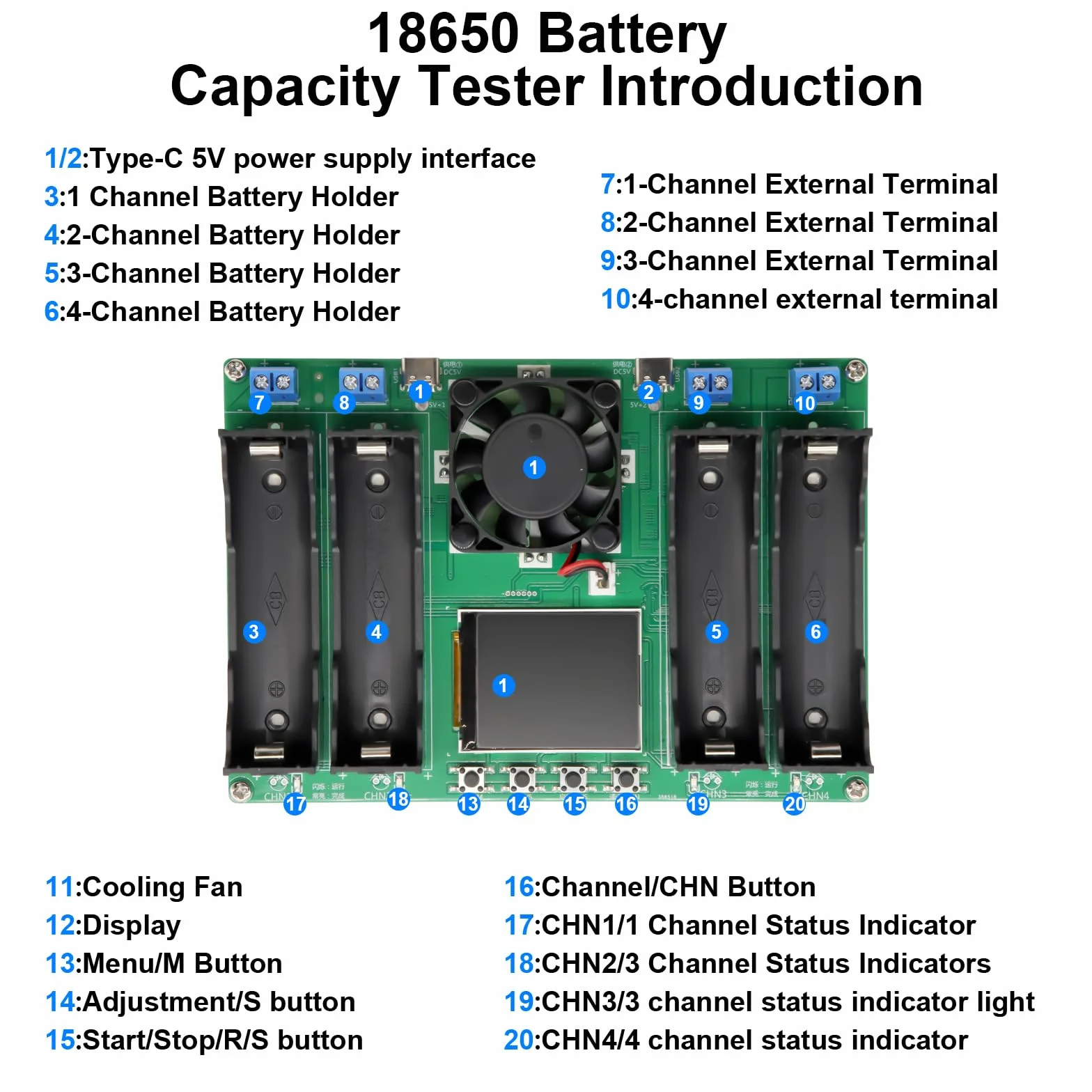 AYWHP Tester di capacità della batteria 4 canali 18650 con tipo C display LCD per batteria al litio