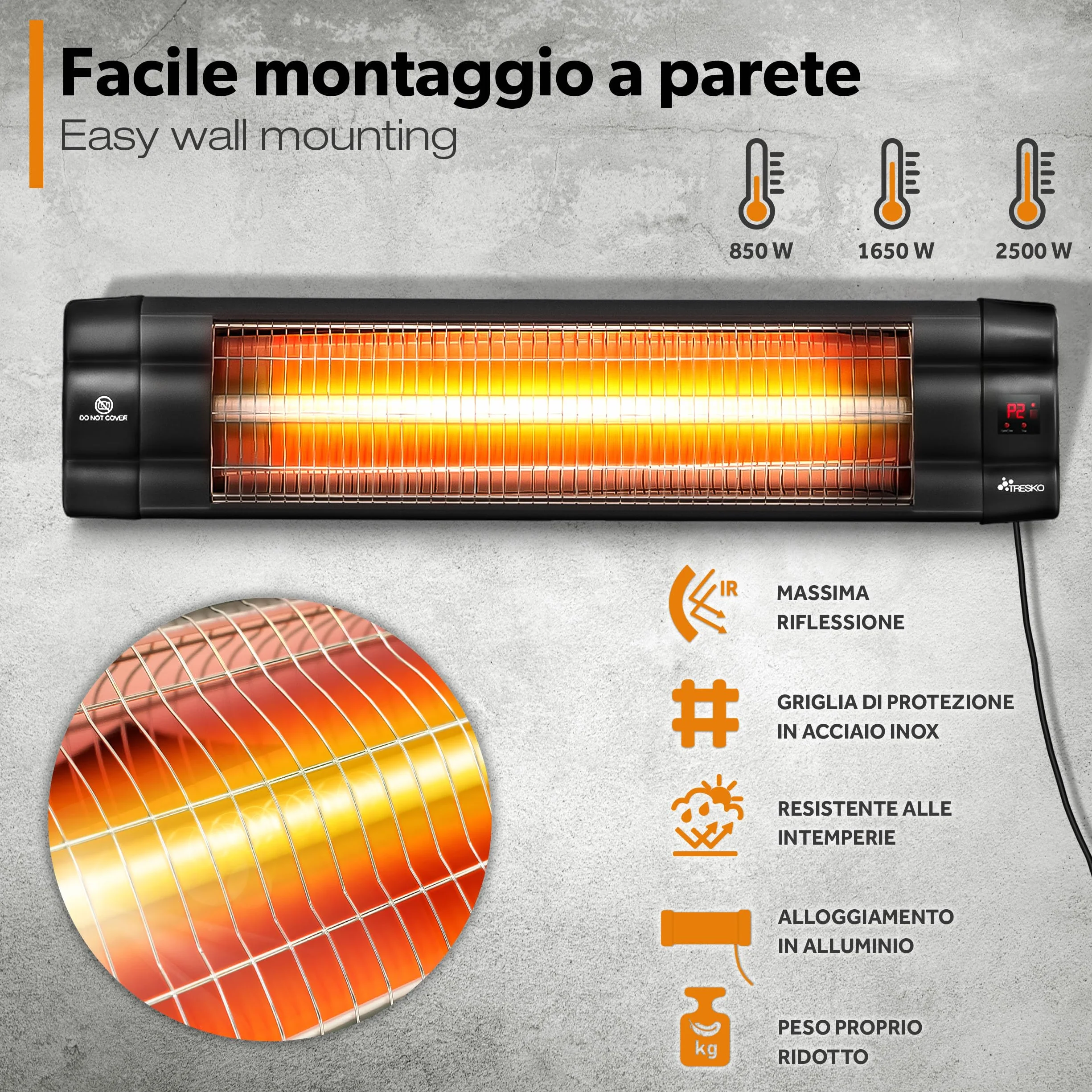 TRESKO Riscaldatore ad Infrarossi 2500W Telecomando 3 Livelli Calore Stufa Elettrica Esterno