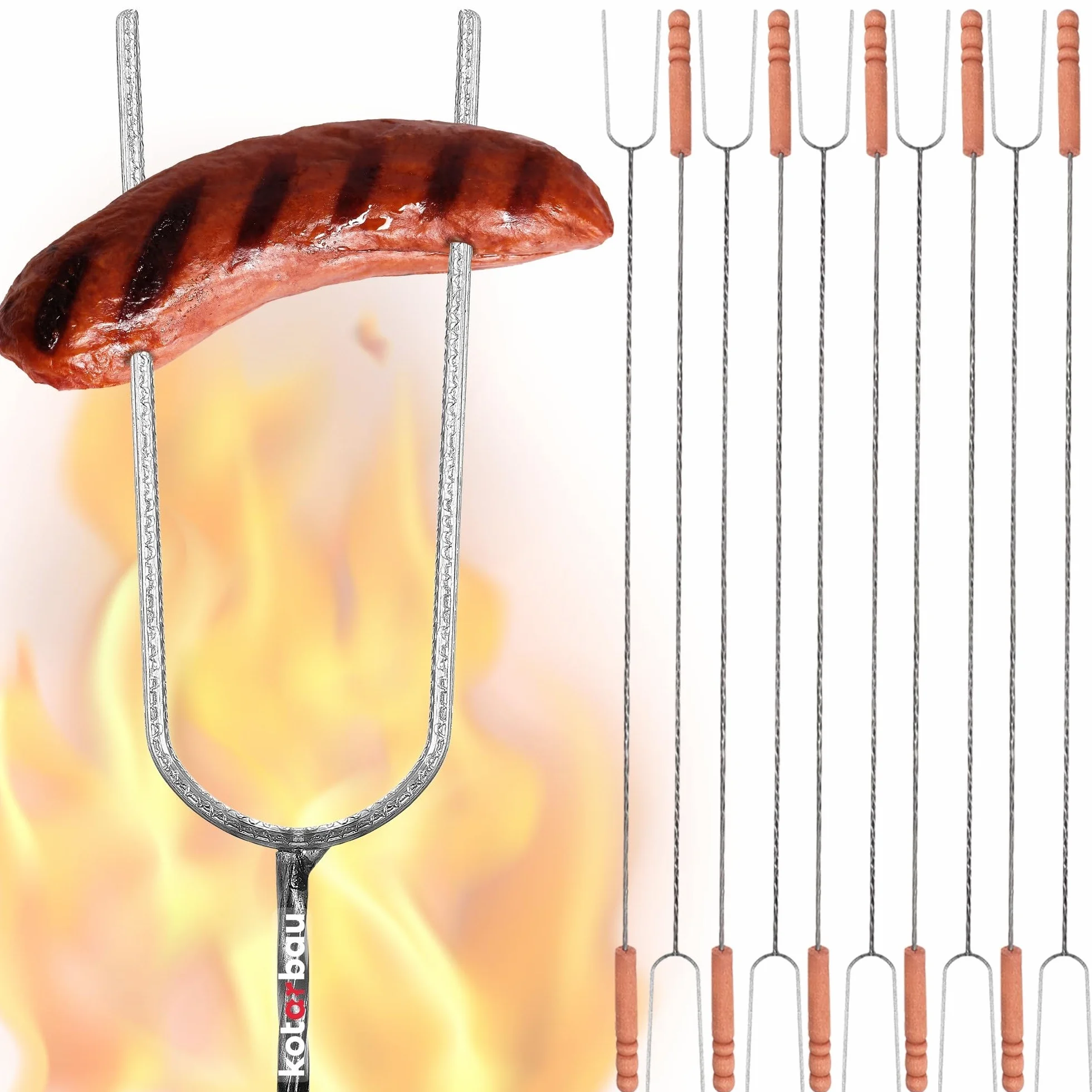 KOTARBAU® Set 10 Pezzi Spiedini Per Barbecue - Acciaio - 100 cm - Forchettone Barbecue - con Manico in Legno - Fuoco - Ergonomico - Resistente