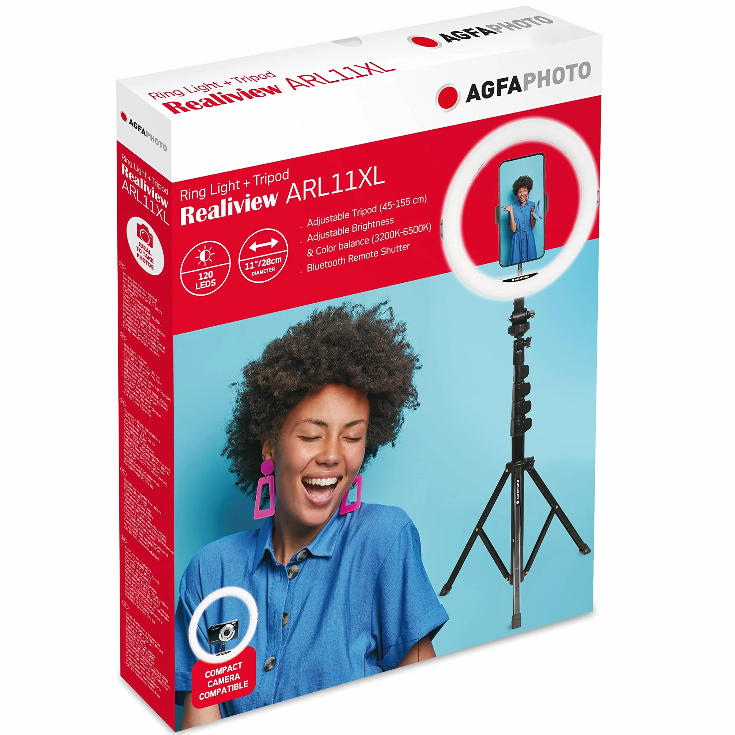 AgfaPhoto Realiview ARL11XL 11" LED Ring Light with Tripod 45-155 cm for Video Photo Smartphone