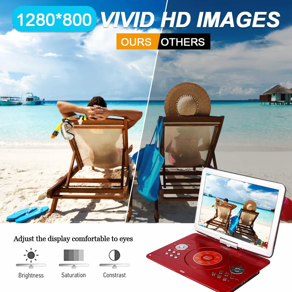 YOOHOO Lettore DVD portatile 16,9" schermo LCD per bambini con adattatore auto ricaricabile SD USB AV IN/OUT telecomando rosso