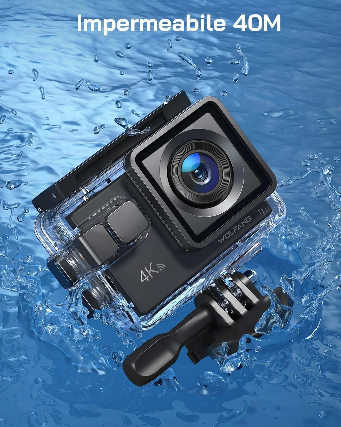 WOLFANG GA100 Action Cam 4K 30FPS 20MP 170° Grandangolo Impermeabile 40M con 32GB MicroSD EIS Telecomando 2.4G