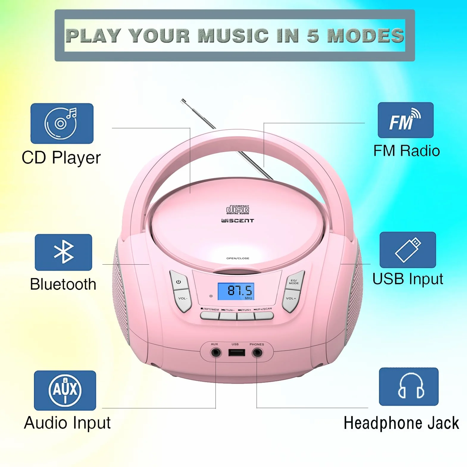 Lettore CD portatile Boombox Bluetooth radio FM USB AUX Rosa