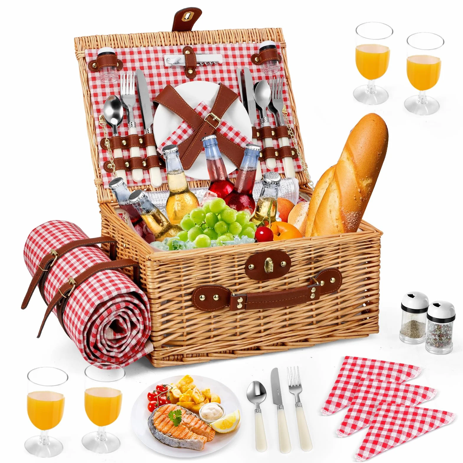 Cestino da Picnic in Vimini per 4 Persone, Cesto Picnic Vintage, con Scomparto Termico, Coperta Impermeabile, Posate, per Campeggio, Festa all'Aperto, Spiaggia, Rosso
