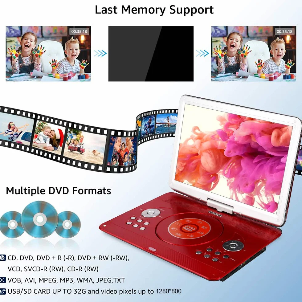 YOOHOO Lettore DVD portatile 16,9" schermo LCD per bambini con adattatore auto ricaricabile SD USB AV IN/OUT telecomando rosso