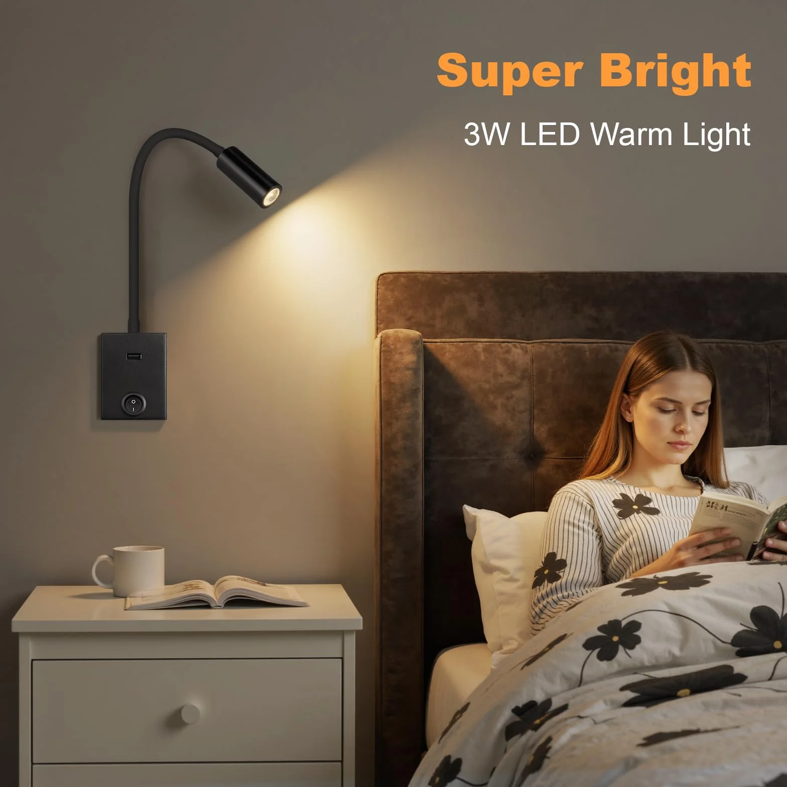 Lampada da Lettura a LED da Parete 3W con Collo d'oca Flessibile 360° USB 3000K Nero