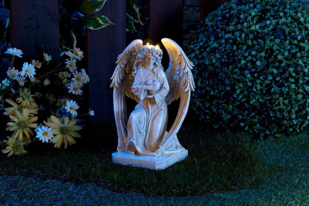 Lunartec Statue da Giardino - Angelo: Figura di Angelo Custode LED Solare, per Interni ed Esterni, 24,5 cm, IP44 (LED per Esterni, Tomba, Tomba)