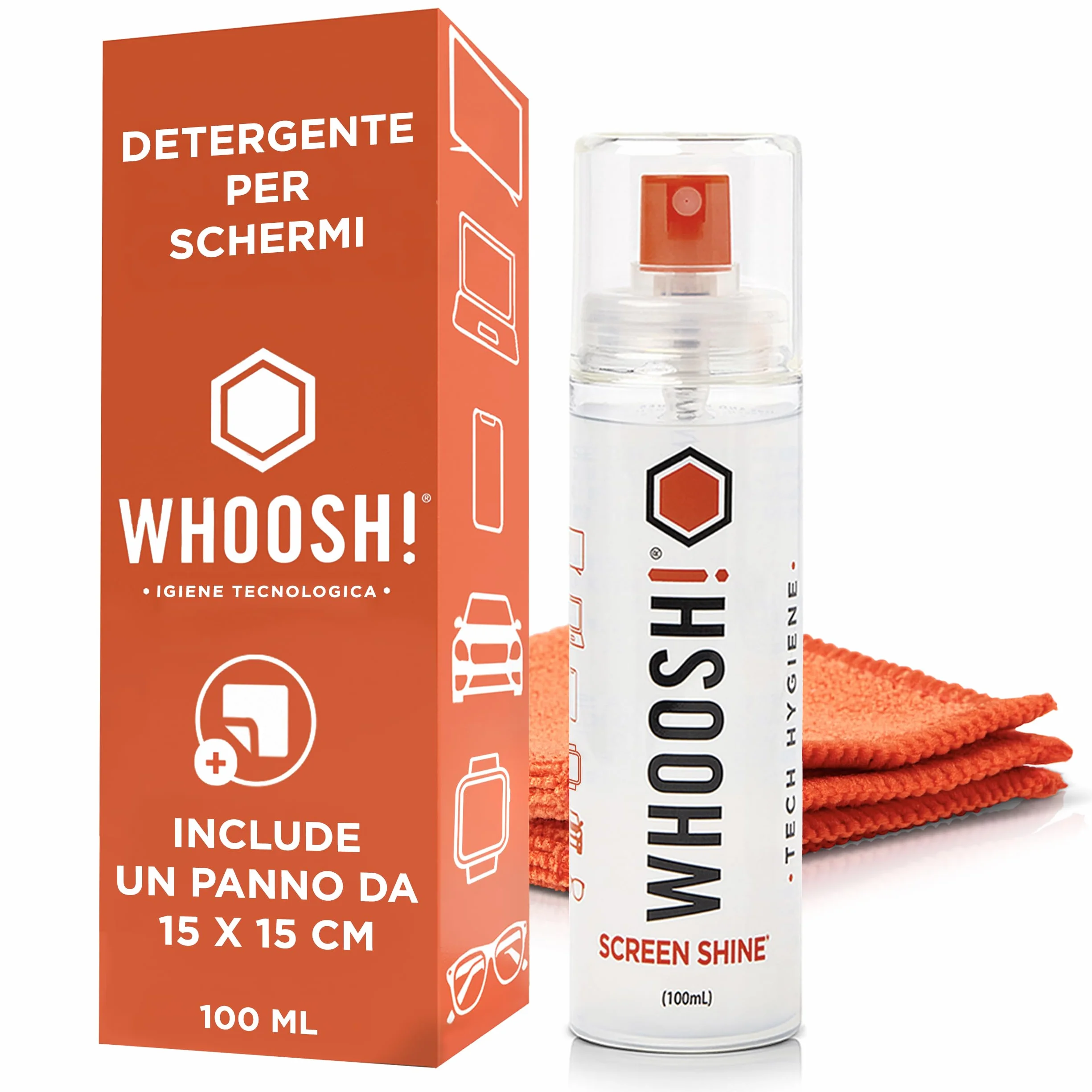 WHOOSH! Screen Shine Go XL Kit Pulizia iPhone 100 Ml Panno Microfibra Pulisci Occhiali MacBook Smartphone