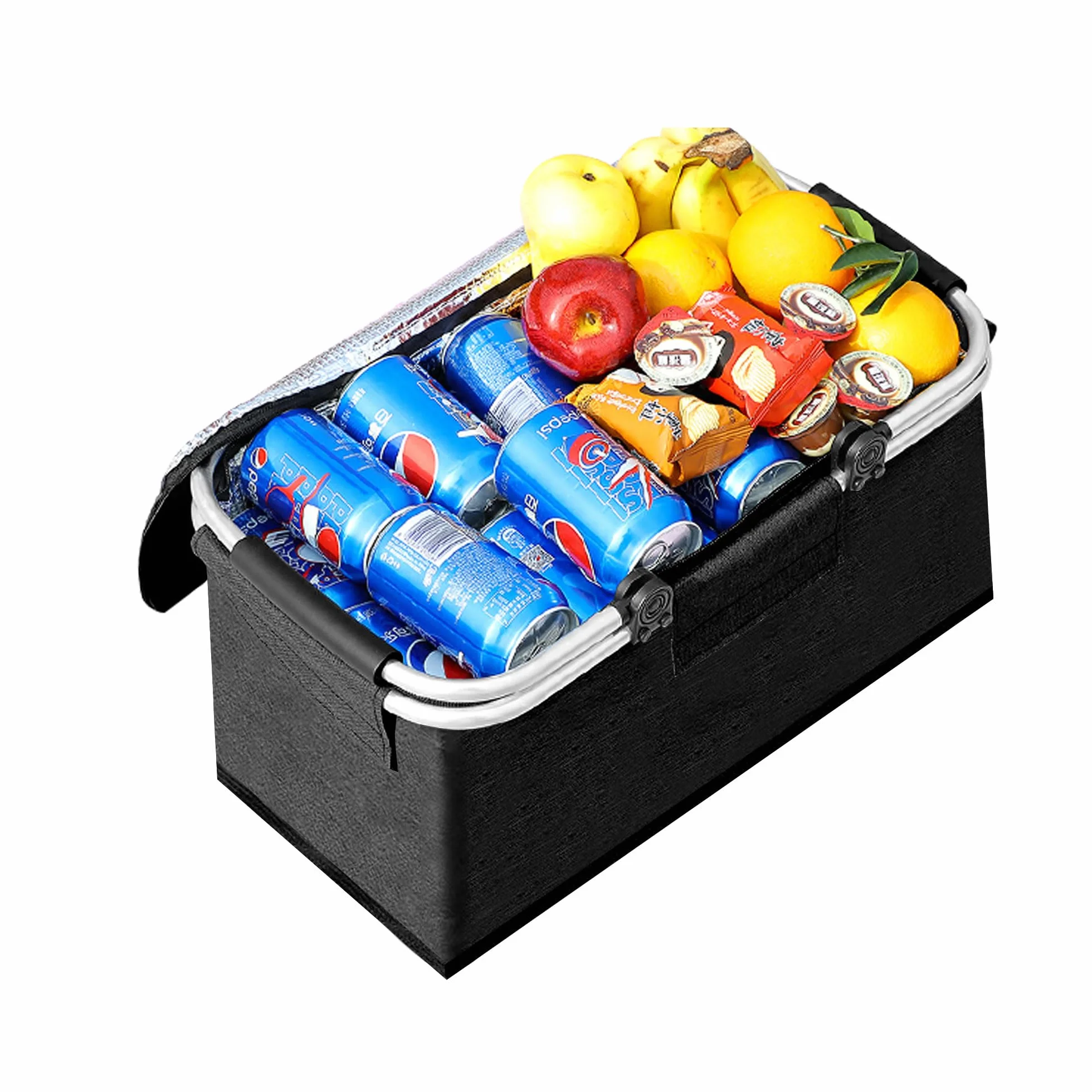 Cestino per Picnic 25L Grande Borsa Termica Cestini e Panieri Cestino Termico Picnic Pieghevoli con Funzione di Raffreddamento Cestino Della Spesa con Coperchio e Manico per Campeggio (Nero)