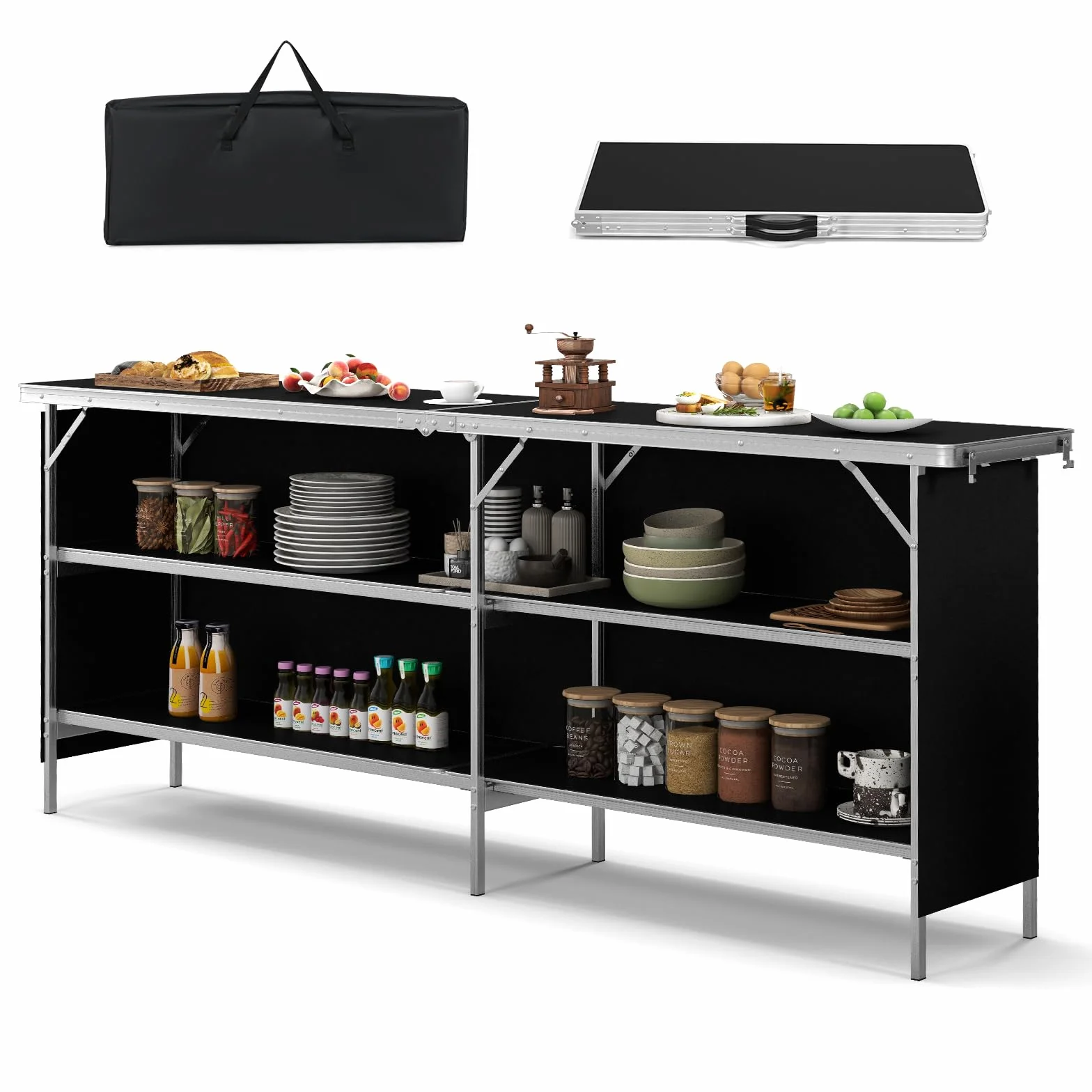 KOMFOTTEU Cucina da campeggio con 3 livelli, pieghevole con borsa per il trasporto, tavolo da picnic pieghevole in alluminio, tavolo pieghevole per picnic, barbecue, feste (nero esteso)