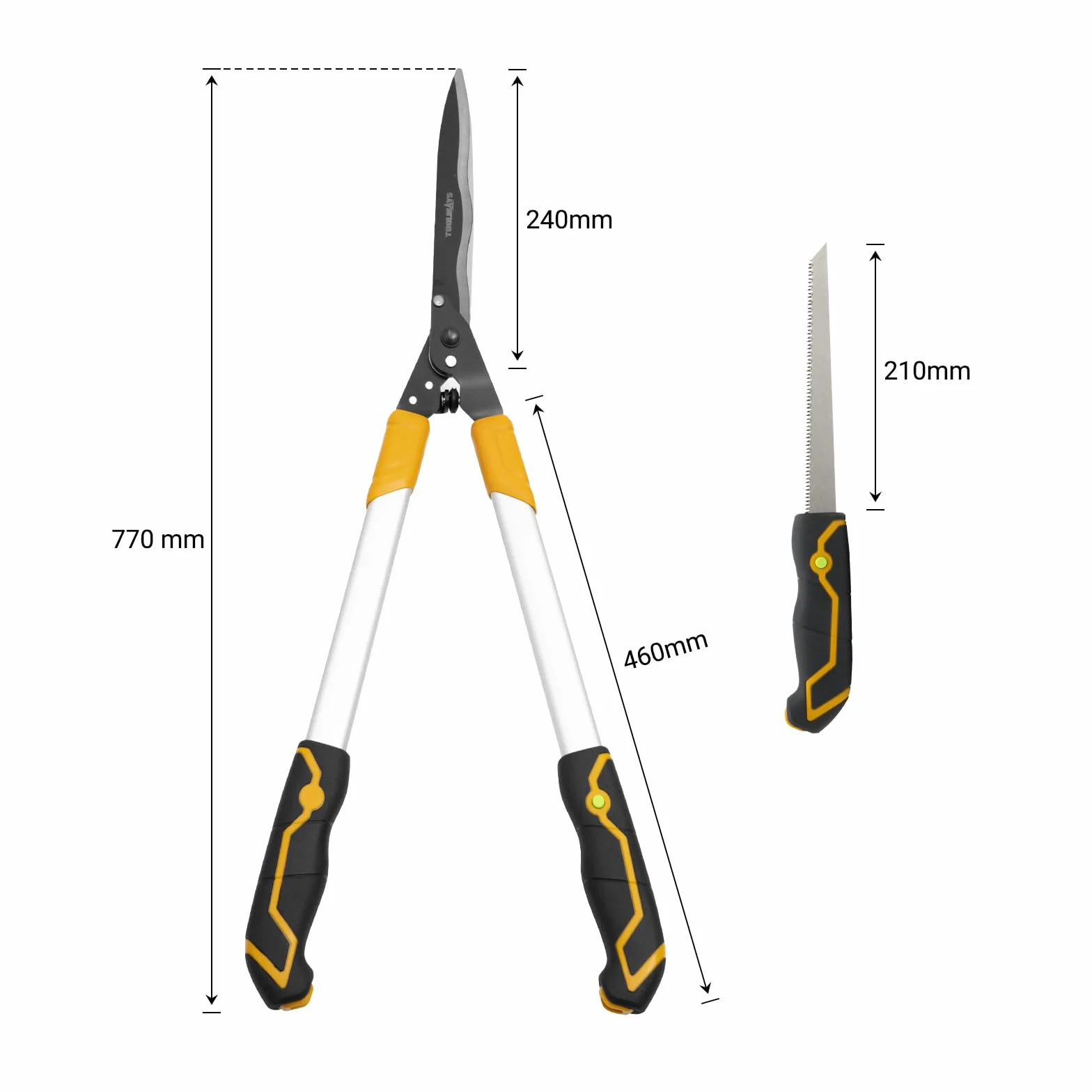 Tagliasiepi 78 cm, cesoie da giardino con sega a mano da 21 cm, cesoie professionali manualmente con design a testa angolata di 20°