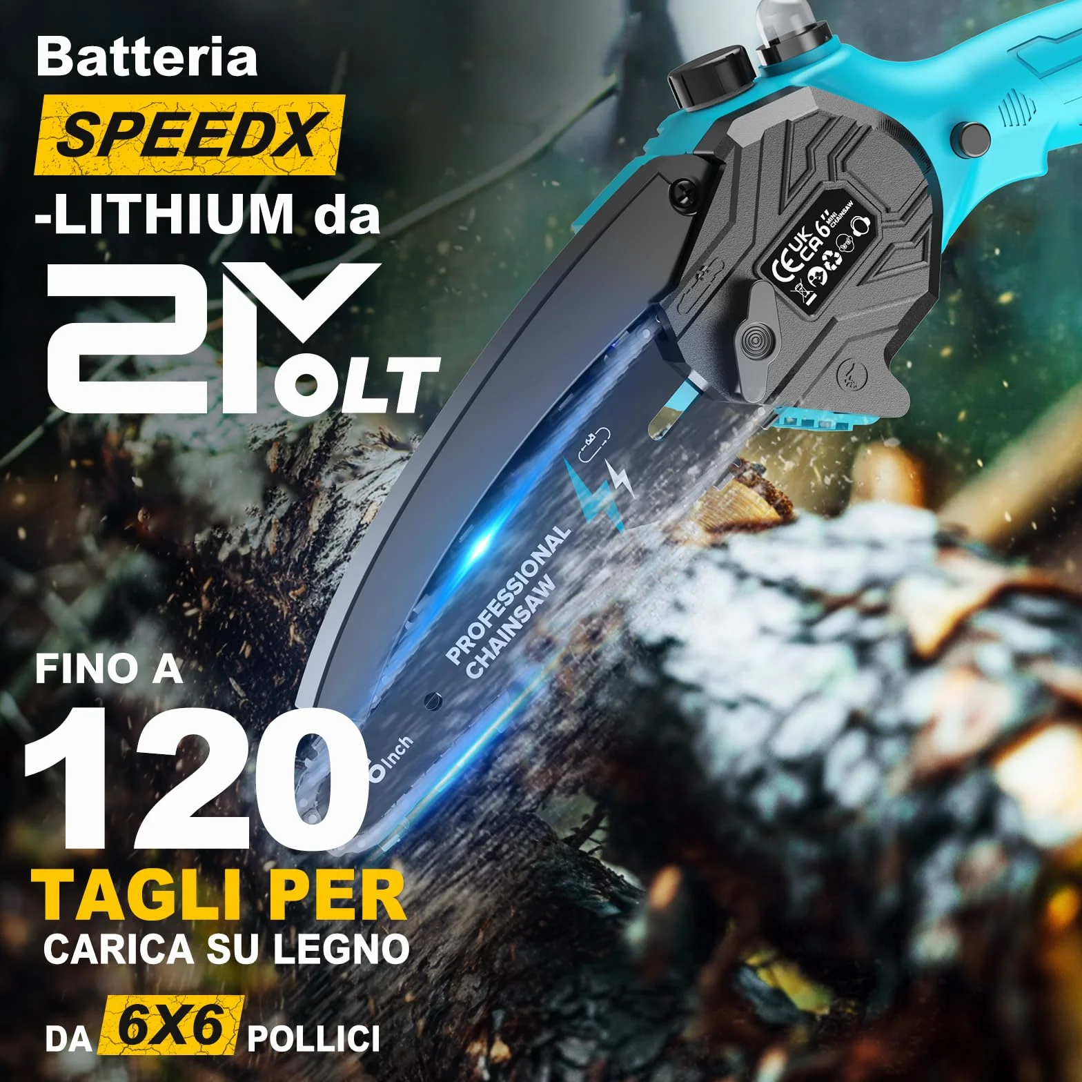 Mini Motosega a Batteria per Potatura con 2x4000mAh Batterie, 6 Pollici Motosega Elettrica con Catena di Ricambio e Pompetta Olio, Sega a Batteria per Potatura per il Taglio del Legno Giardini