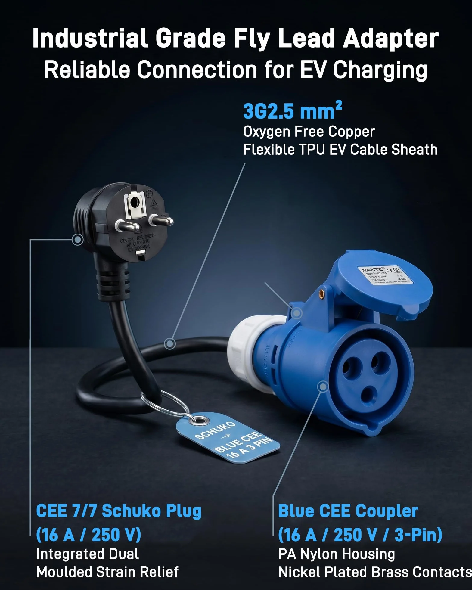 Adattatore CEE Spina Schuko a Presa CEE Blu 16A 3 Poli (50 cm, IP44, Max 16A, 3G2,5 mm²) - per Caricatori per Auto Elettriche, Wallbox Portatili e Stazioni di Ricarica Mobili da 3,7 kW