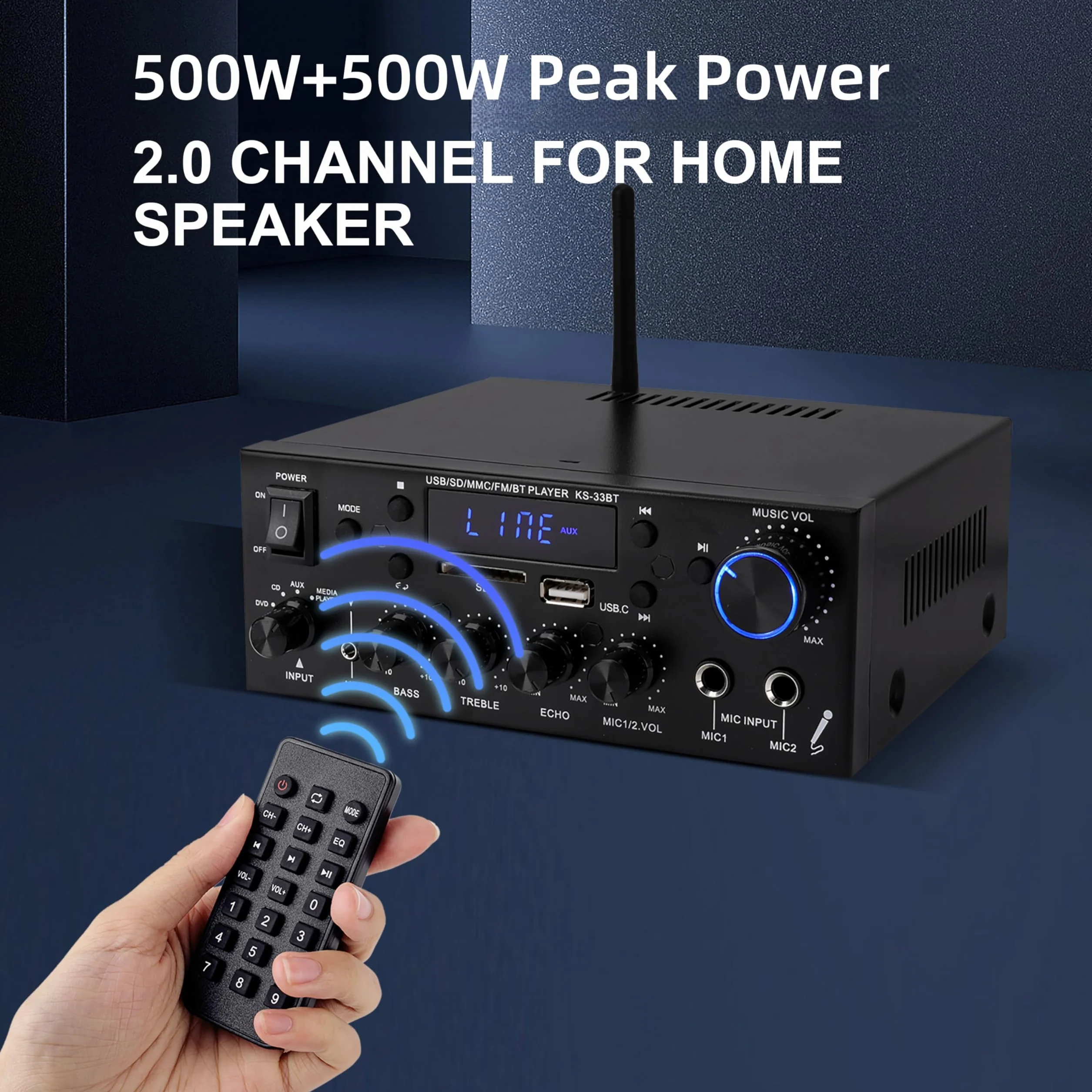Amplificatore HiFi Audio Stereo BT Portatile 500W+500W 2CH LCD Radio 12V/220V con Telecomando