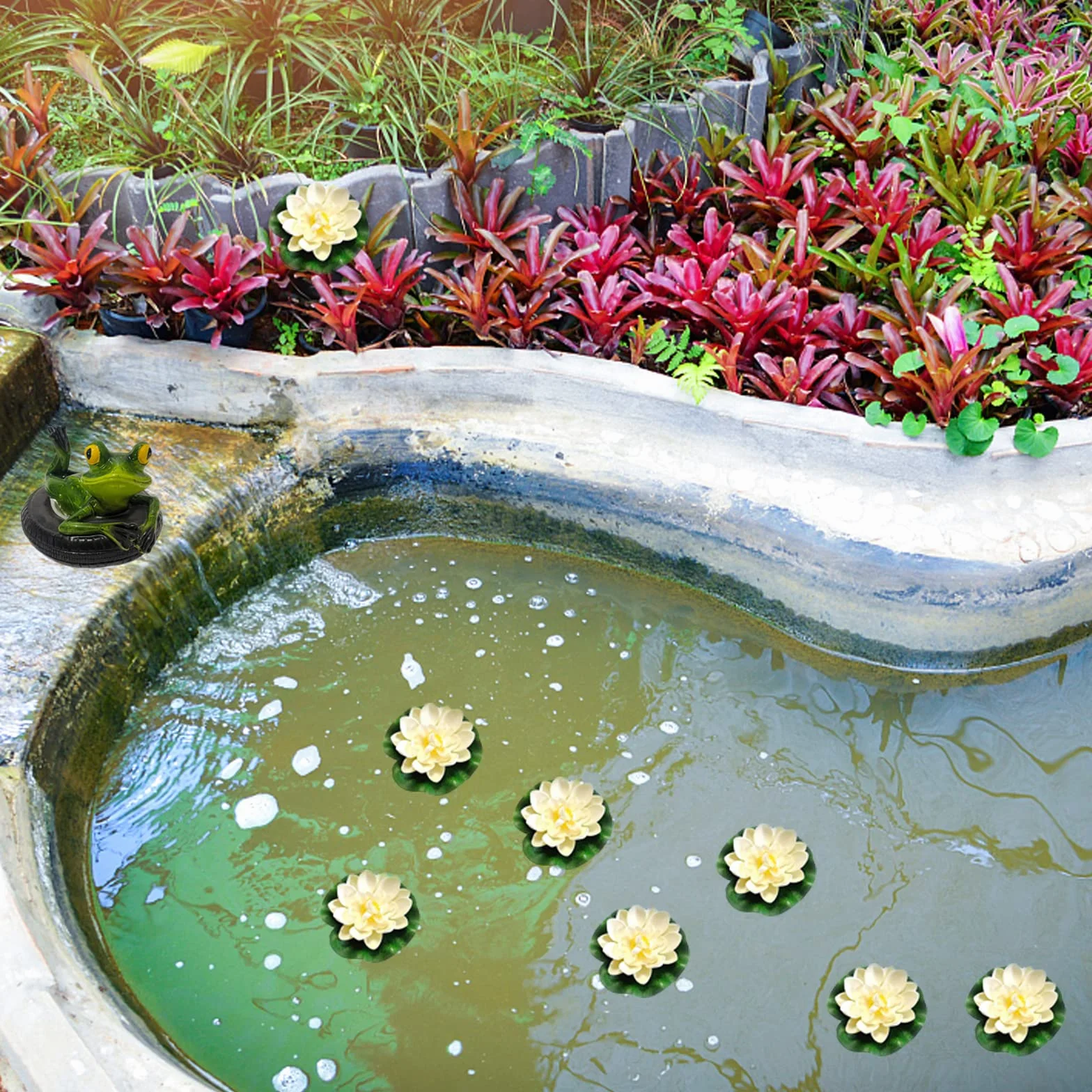 Set Decorativo per laghetti da Giardino, Fiori di Loto Artificiali, Due Rane con Sfere argentate e 2 Fiori di Loto Come Decorazione da Giardino per laghetti da terrazzo, laghetti, fontane solari