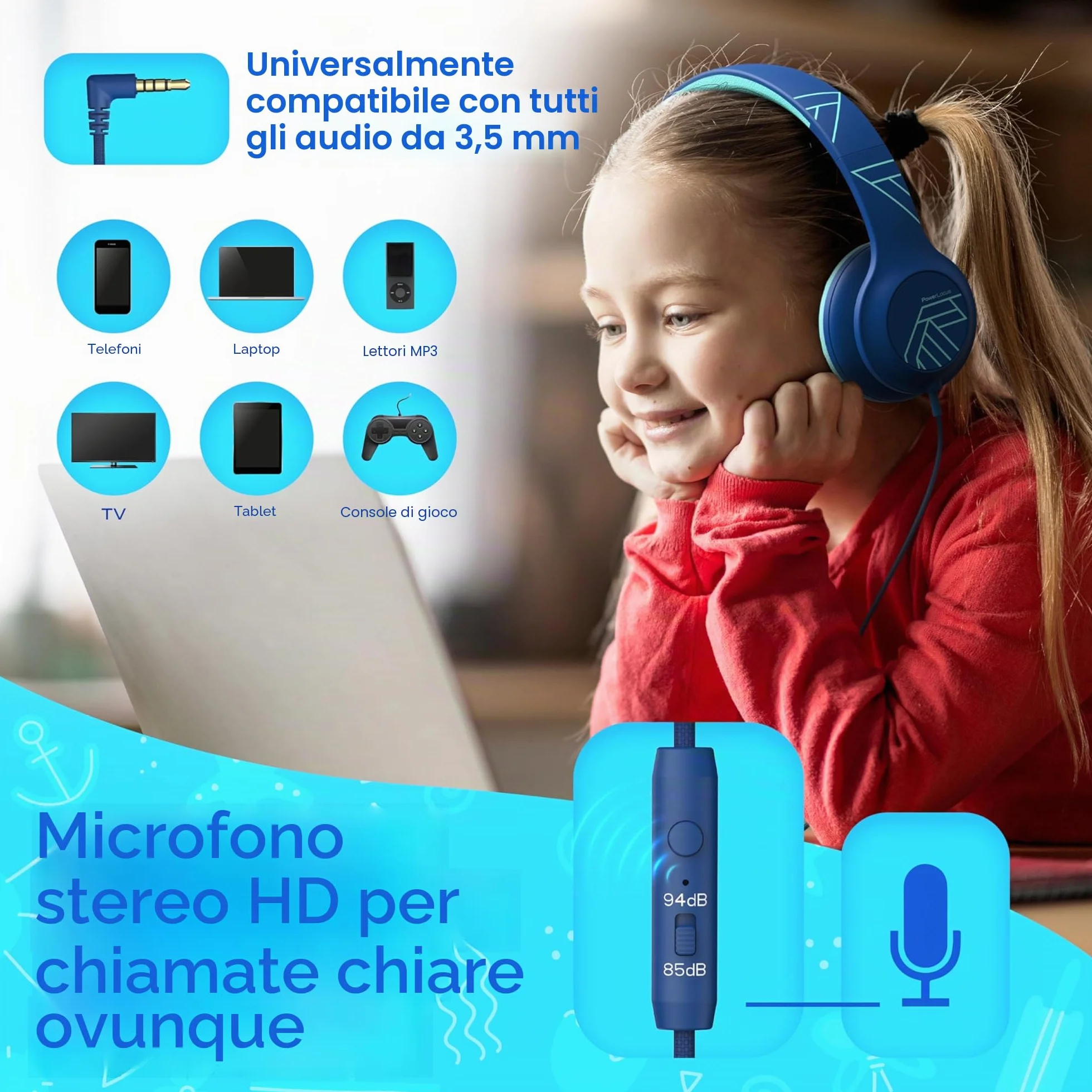 PowerLocus Cuffie per Bambini con Filo, Pieghevoli, Limitazione Volume 85/94dB, 3.5mm Jack, Microfono, Hi-Fi Stereo per Telefono/Viaggio/PC (Blu)