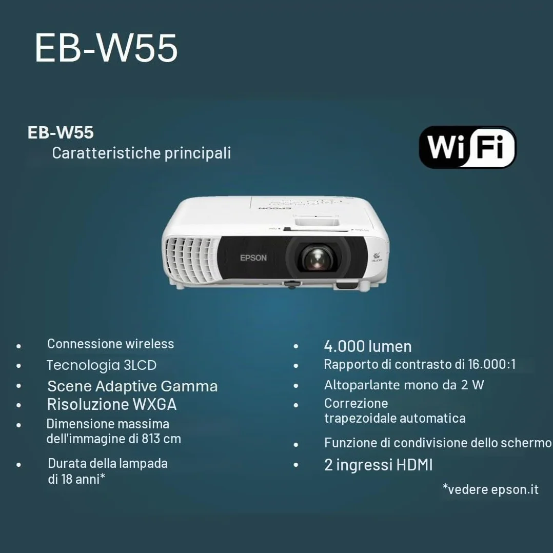 Epson EB-W55 Videoproiettore WXGA 3LCD 4.000 lumen Wi-Fi HDMI Bianco