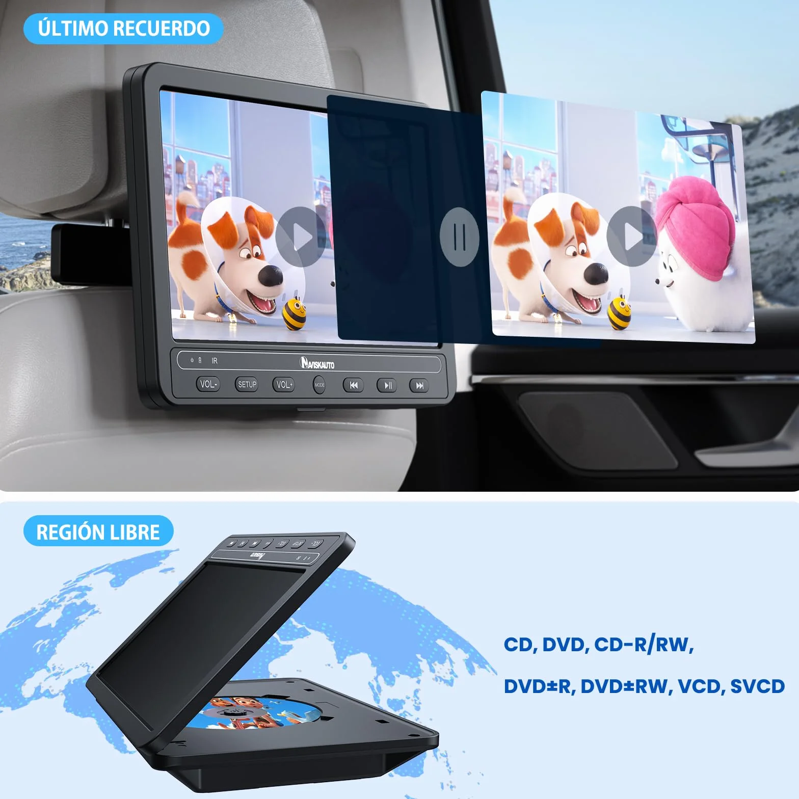 NAVISKAUTO 2 DVD portatile auto per poggiatesta lettore DVD bambini 5 ore batteria ricaricabile SD USB 2 telecomandi