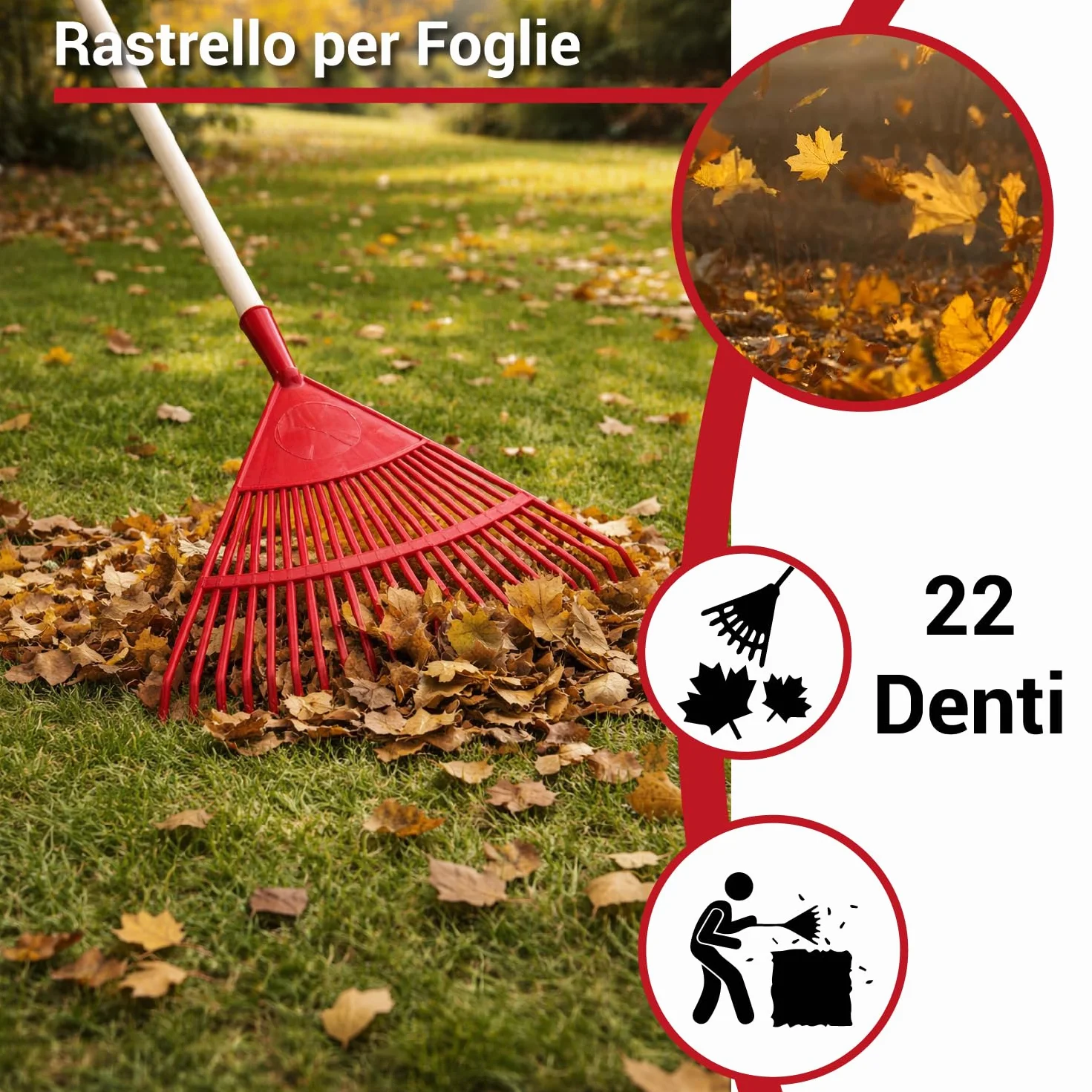 Crisalide®- Rastrello In PVC 22 Denti 40x40CM Con Barra Di Rinforzo, Completo Di Manico In Faggio 150CM, Ideale Per Foglie E Piccoli Detriti