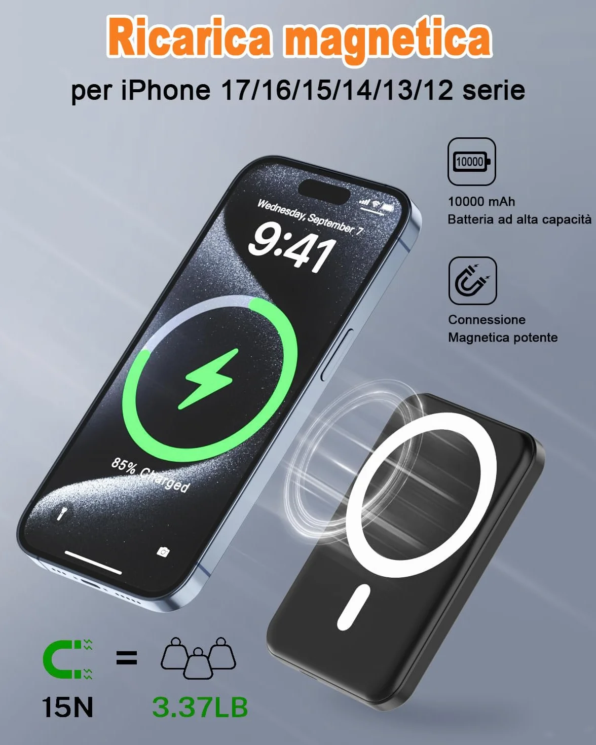 Power Bank Magnetico 10000mAh 20W Ricarica Rapida Wireless per iPhone 17 16 15 14 13 Pro Max