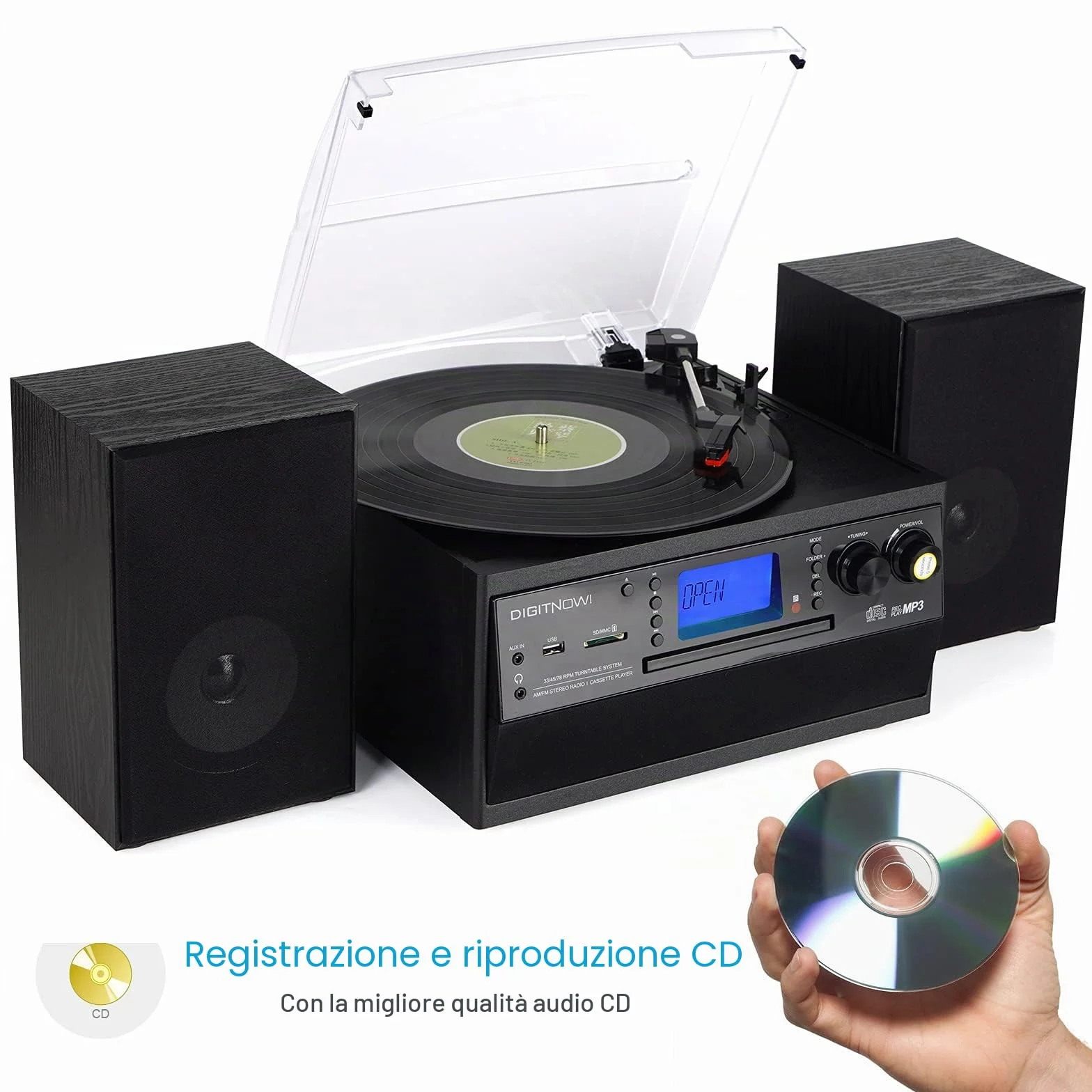 Giradischi Bluetooth DigitNow per CD Cassette Radio AM/FM con Altoparlanti Stereo