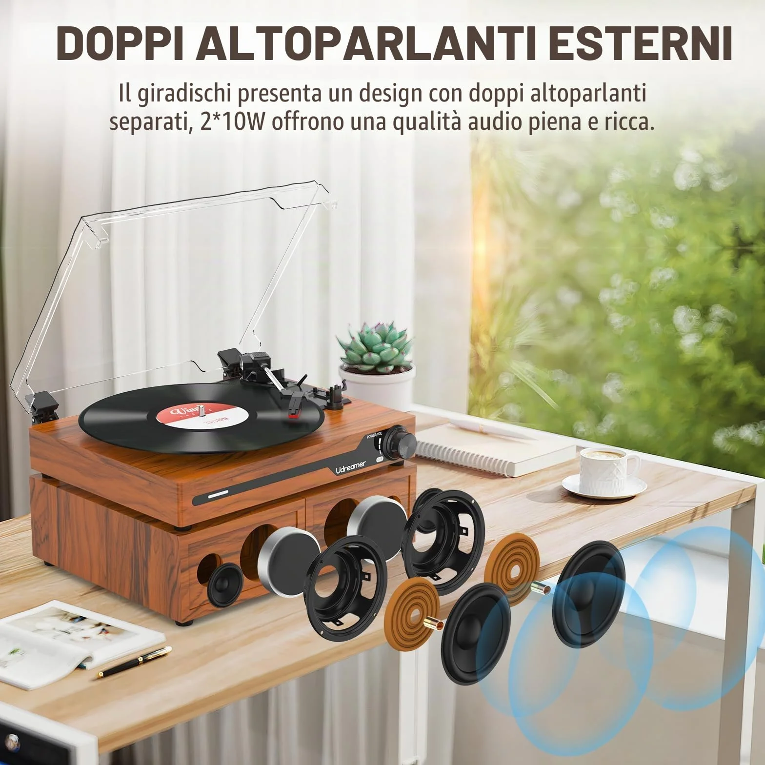 Udreamer Giradischi Vintage Bluetooth 5.3 con 2 Altoparlanti Stereo, 3 Velocità, AUX-in, RCA, USB, Marrone