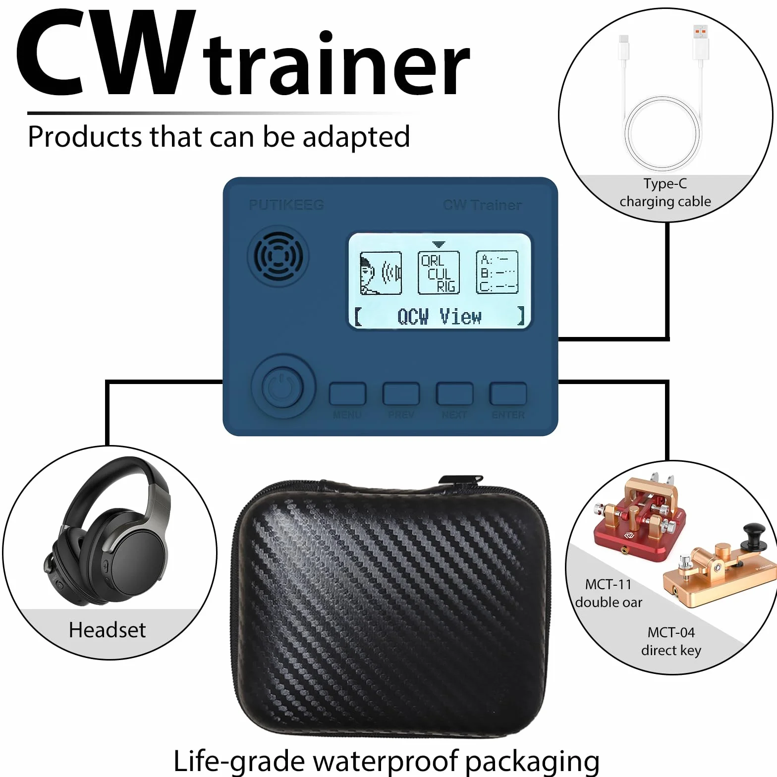Moore Mini CW Trainer con Display, Radio Onde Corte, Telegrafo, per Imparare Chiavi dell'Auto, Cavo Ricarica Blu
